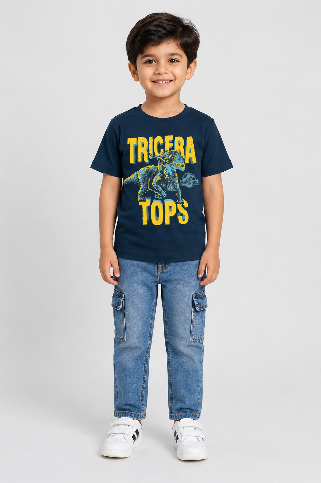 Kids Dark Navy Blue Jurassic Park Triceratops Graphic Printed Round Neck T-Shirt