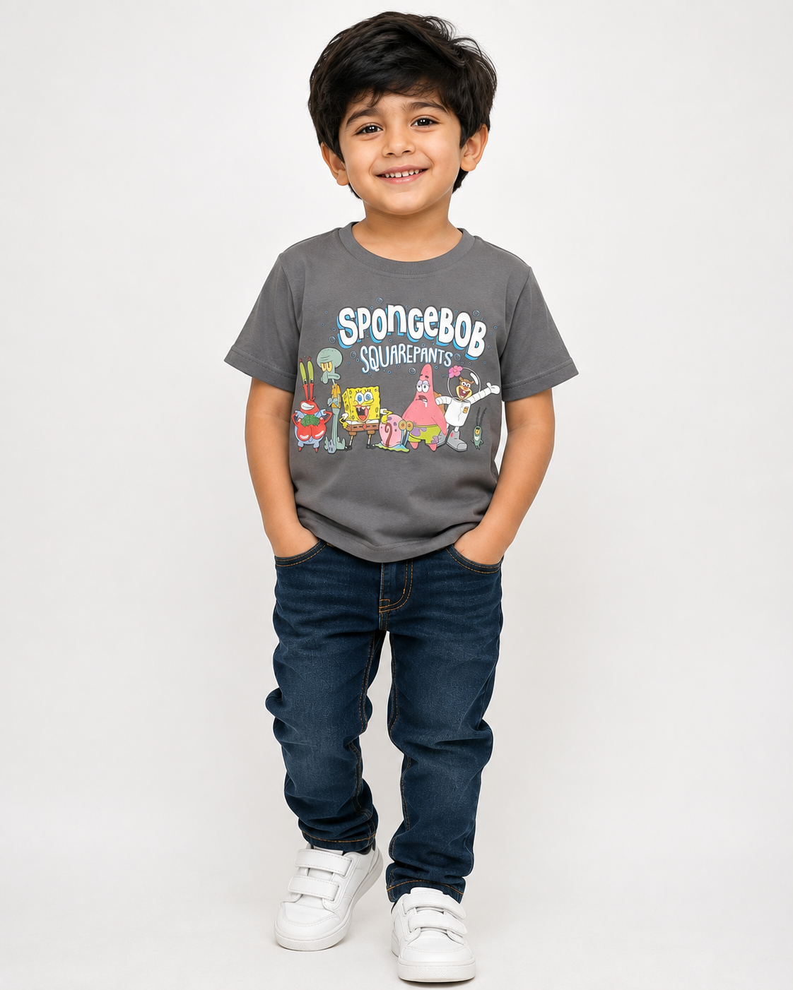 Kids Dark Grey SpongeBob SquarePants Character Graphic Printed Round Neck T-Shirt