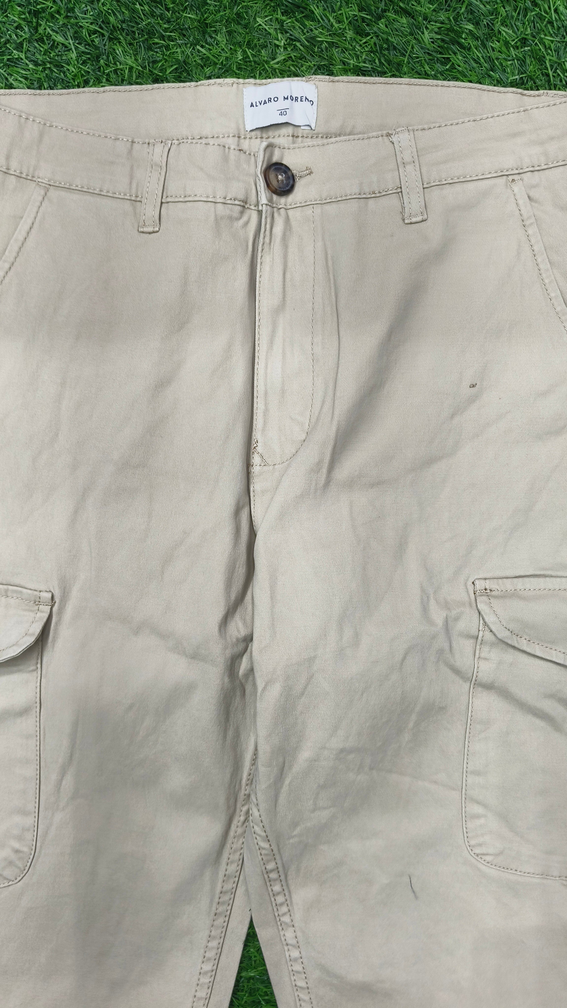 Mens  Cream color 6 Pocket Slim Fit Cargo Pants with Drawstring Waist Button Closure Side Cargo Pockets