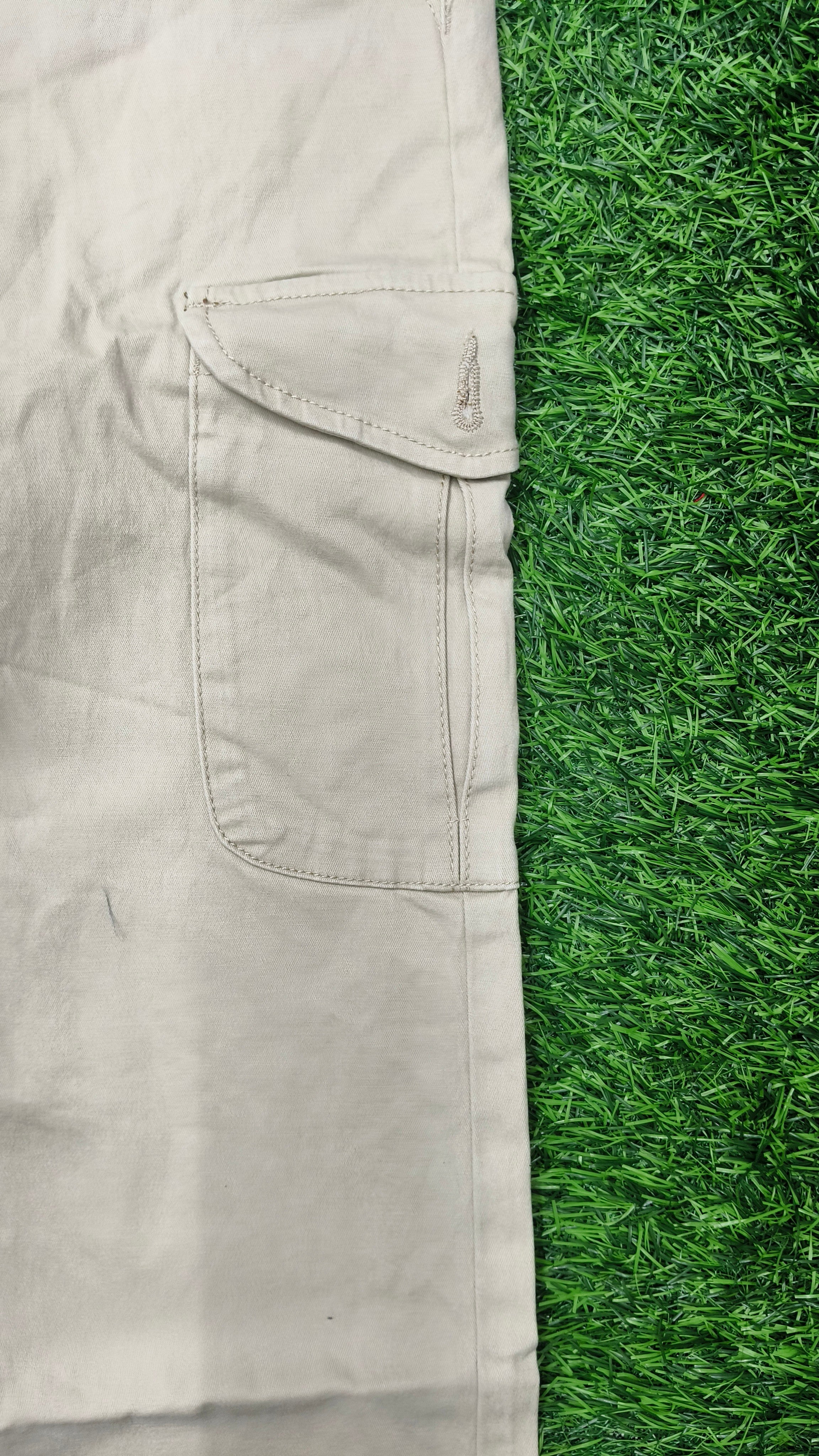 Mens  Cream color 6 Pocket Slim Fit Cargo Pants with Drawstring Waist Button Closure Side Cargo Pockets