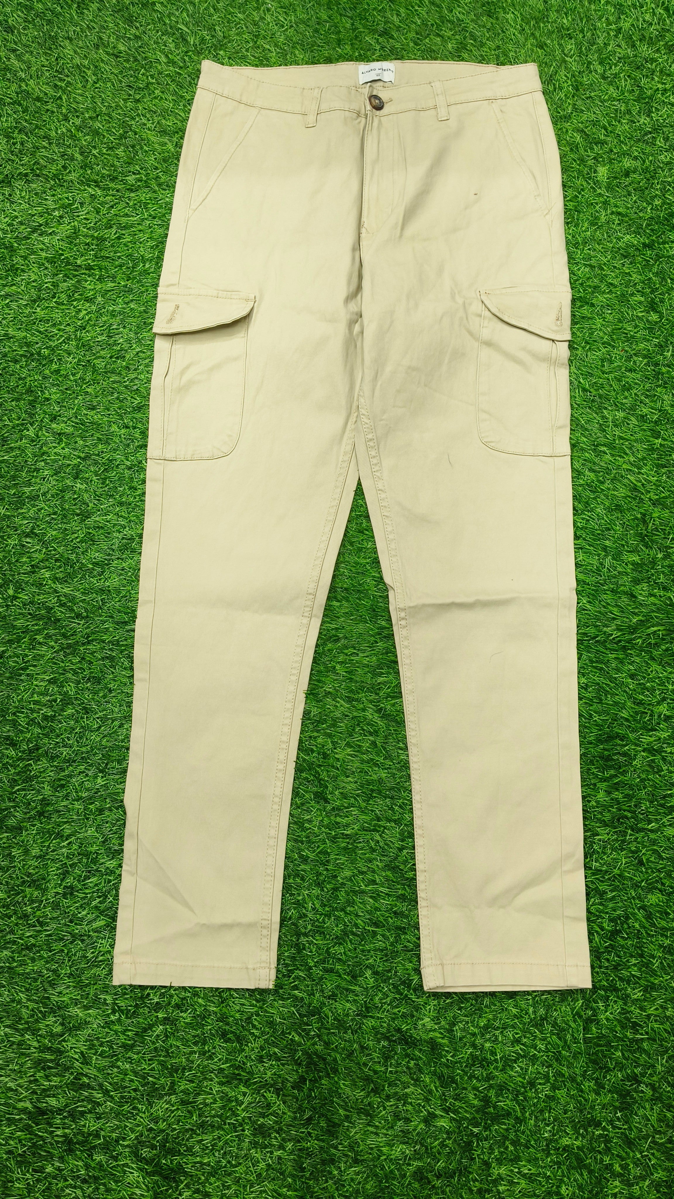Mens  Cream color 6 Pocket Slim Fit Cargo Pants with Drawstring Waist Button Closure Side Cargo Pockets