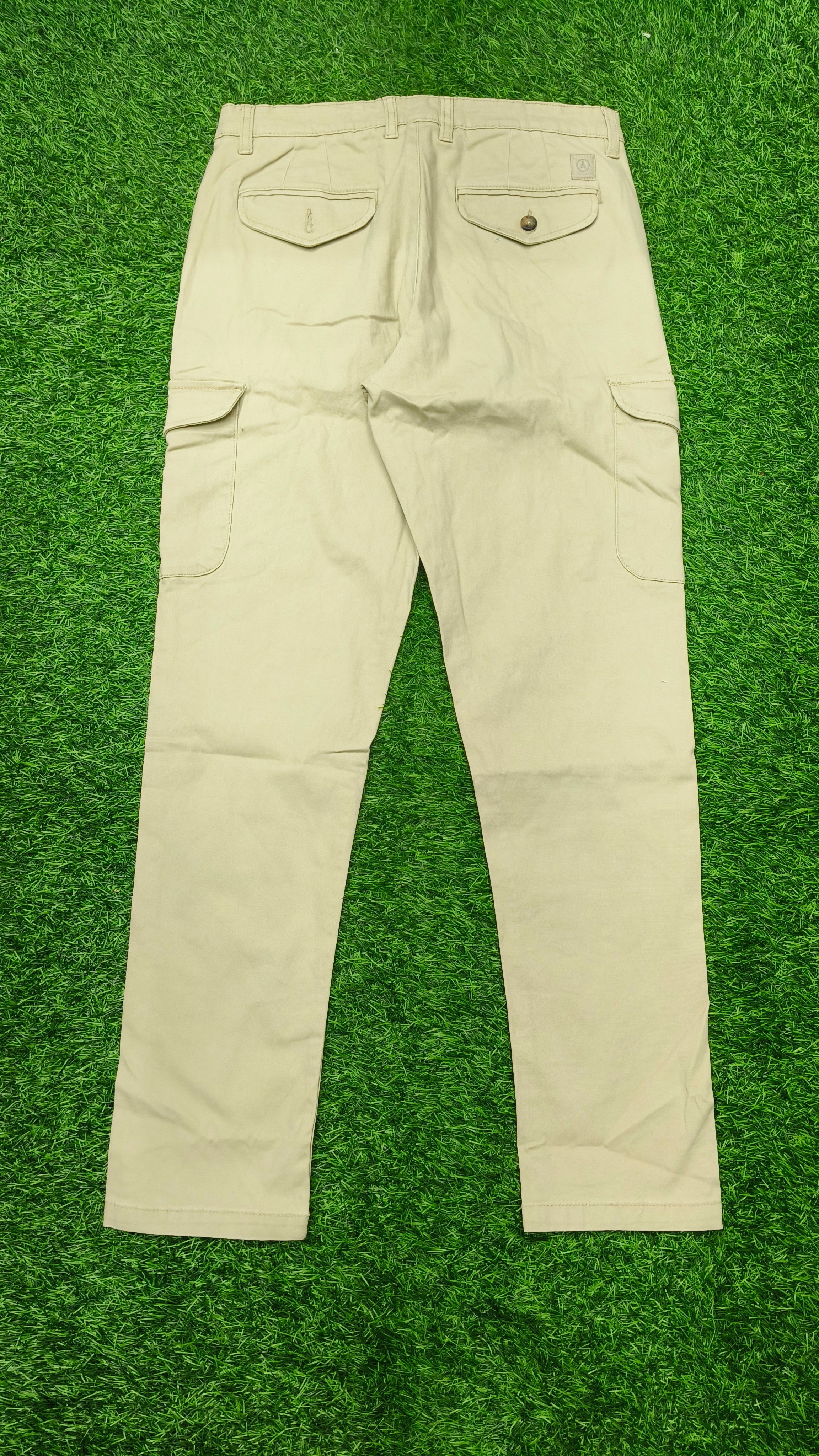 Mens  Cream color 6 Pocket Slim Fit Cargo Pants with Drawstring Waist Button Closure Side Cargo Pockets