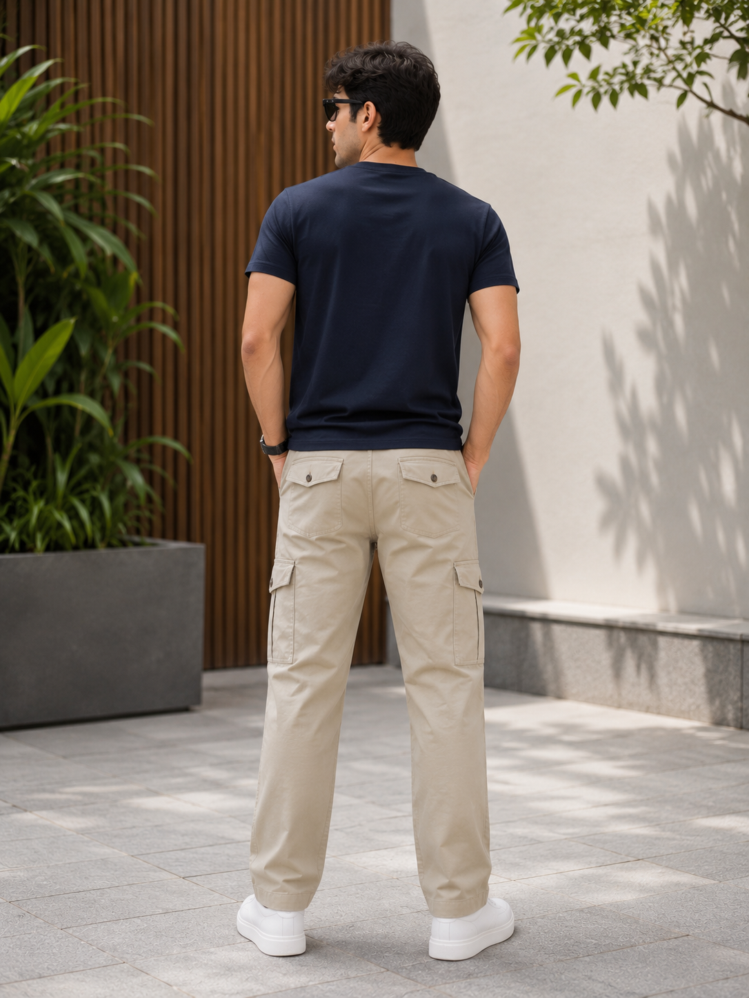Mens  Cream color 6 Pocket Slim Fit Cargo Pants with Drawstring Waist Button Closure Side Cargo Pockets