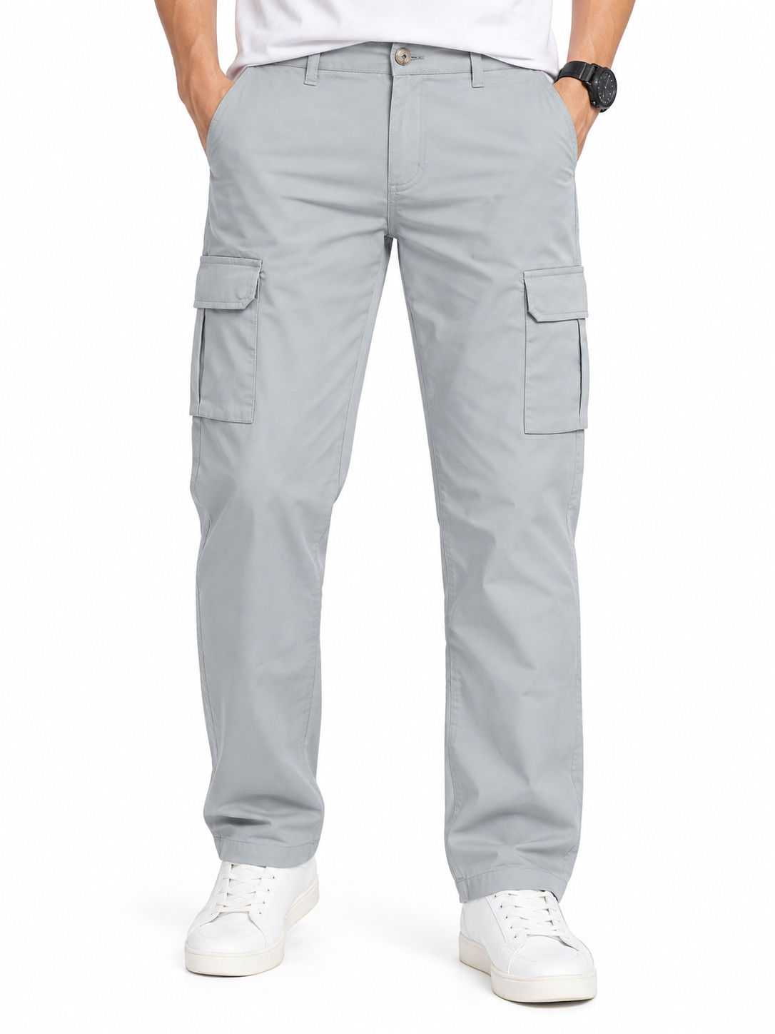 Mens  Beige color 6 Pocket Slim Fit Cargo Pants with Drawstring Waist Button Closure Side Cargo Pockets