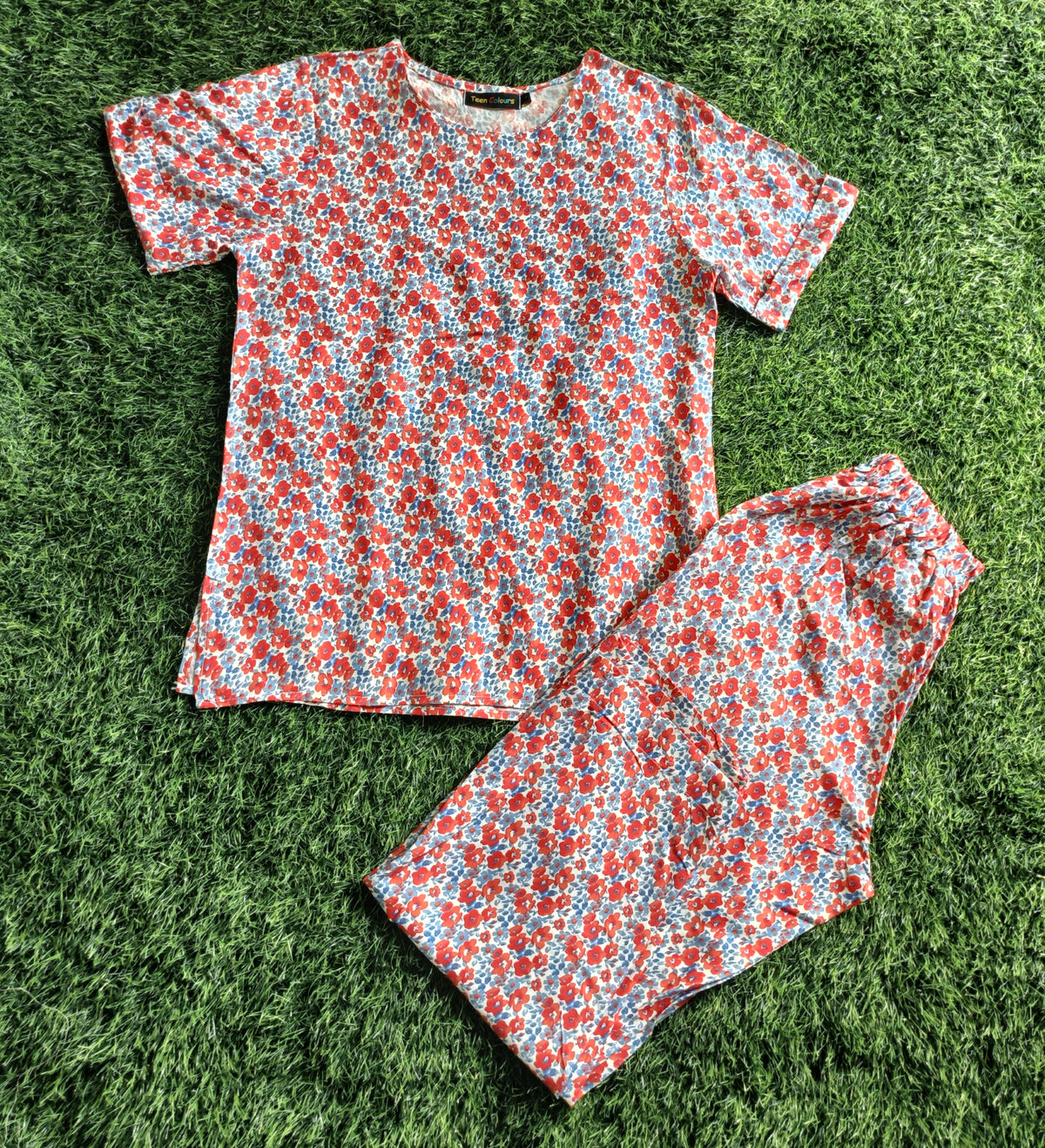 Ladies Red & Blue Floral Printed Side Slit Co-Ord Set – Top & Elastic Waist Pant