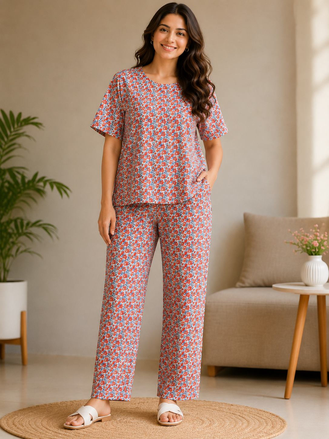Ladies Red & Blue Floral Printed Side Slit Co-Ord Set – Top & Elastic Waist Pant