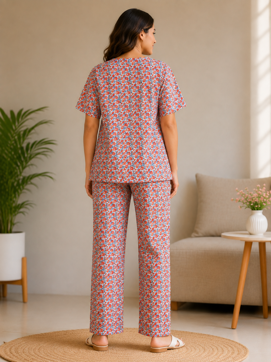 Ladies Red & Blue Floral Printed Side Slit Co-Ord Set – Top & Elastic Waist Pant