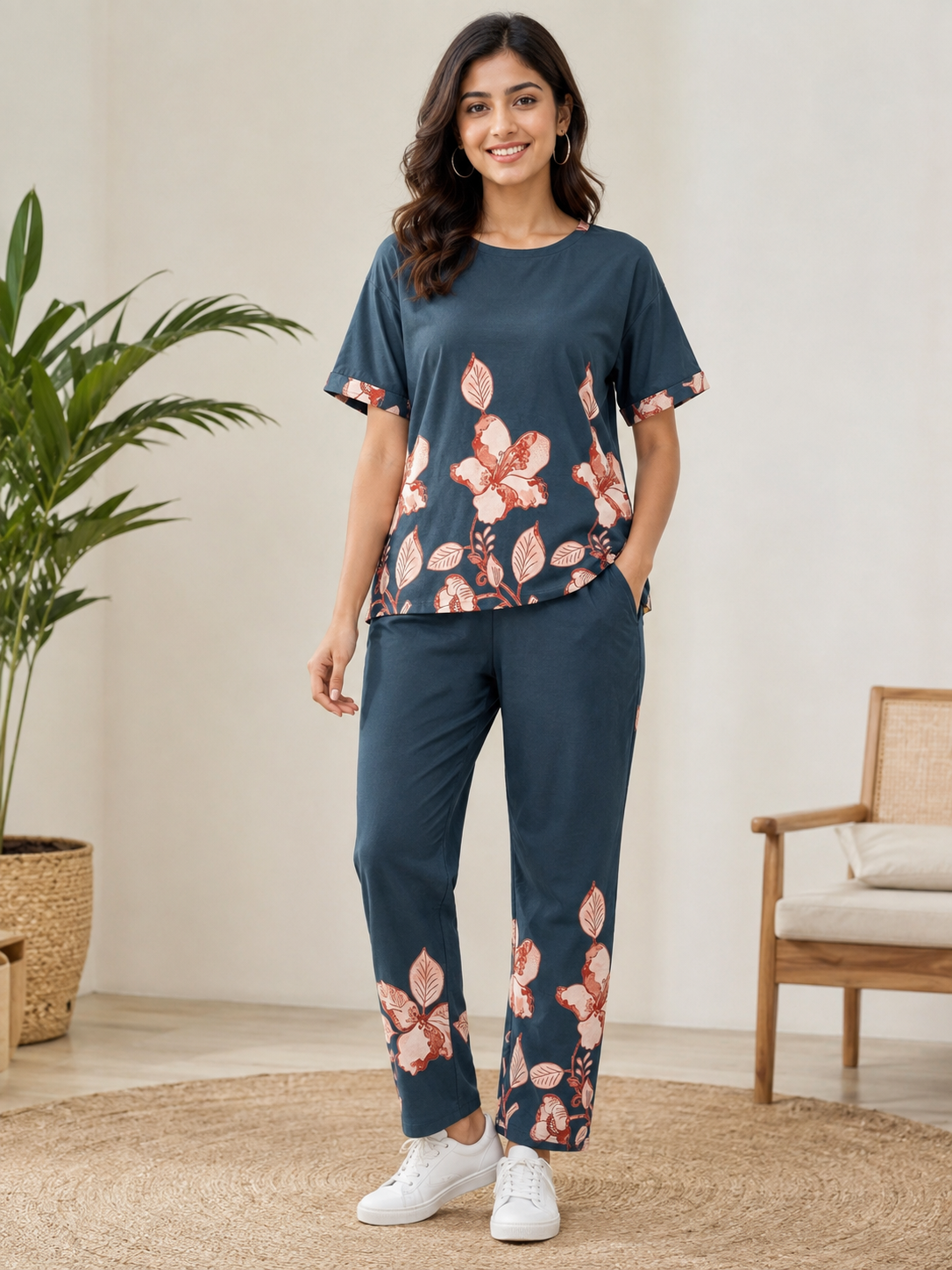 Ladies Dark Teal Blue Floral Printed Side Slit Co-Ord Set – Top & Elastic Waist Pant