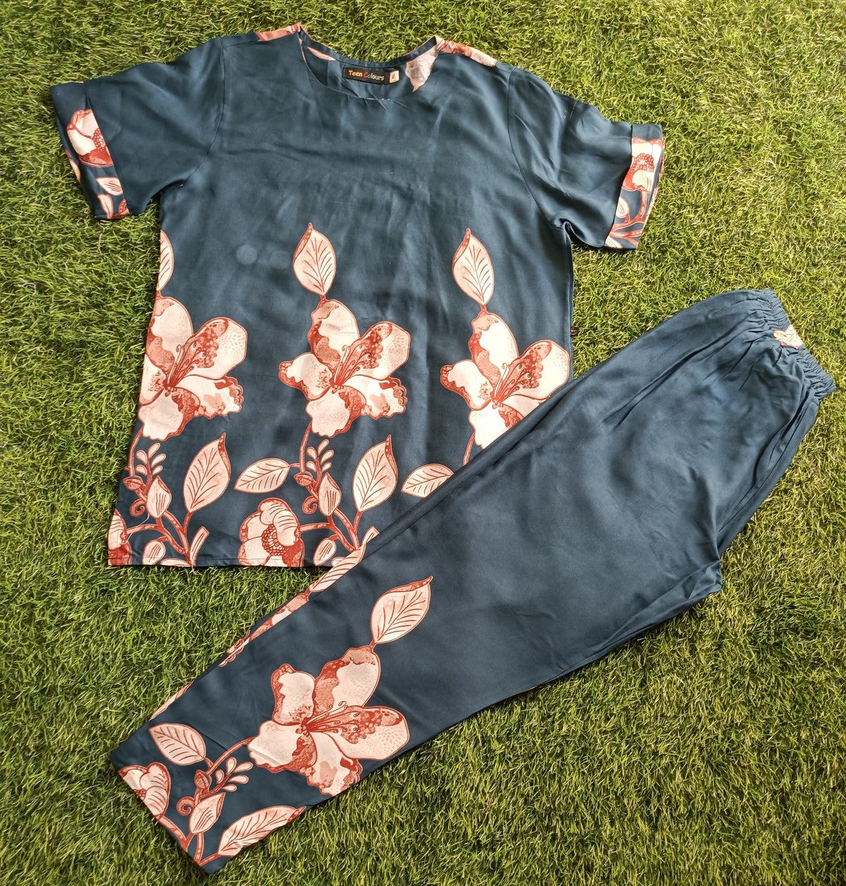 Ladies Dark Teal Blue Floral Printed Side Slit Co-Ord Set – Top & Elastic Waist Pant