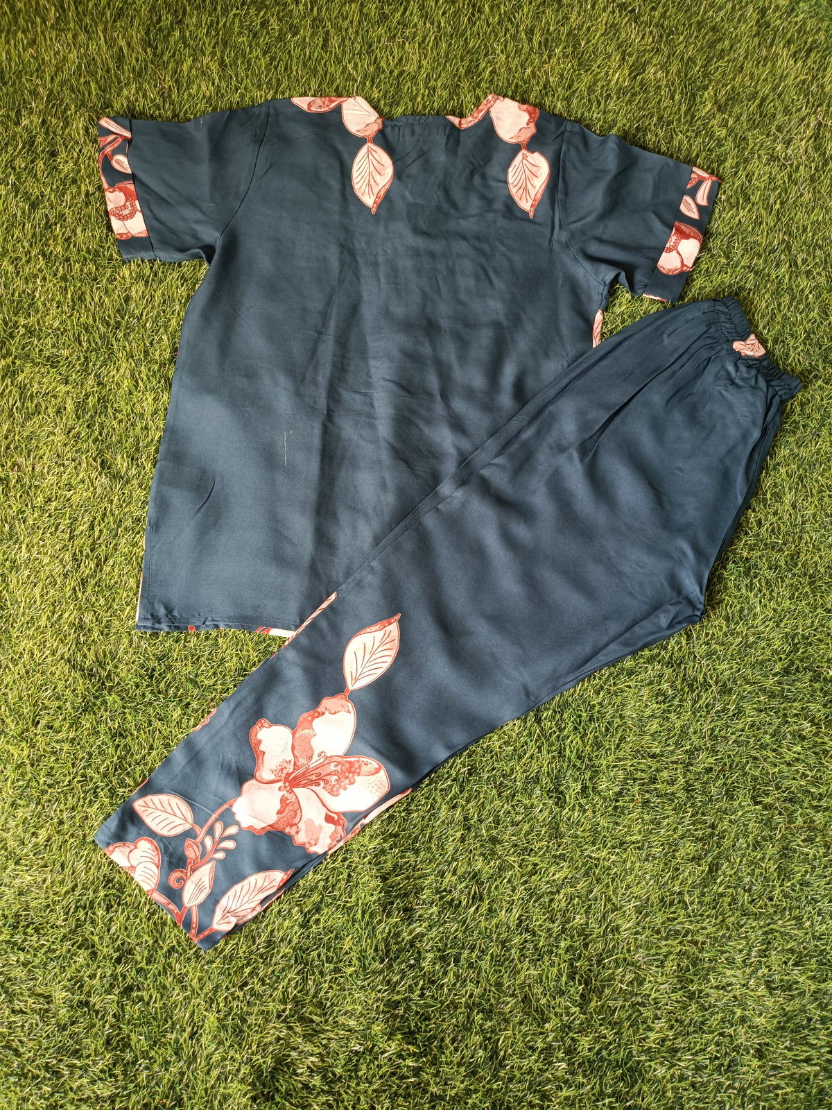Ladies Dark Teal Blue Floral Printed Side Slit Co-Ord Set – Top & Elastic Waist Pant