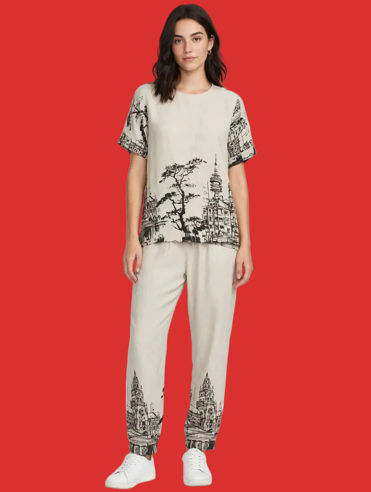 Ladies Beige & Black Cityscape Printed Side Slit Co-Ord Set – Short Sleeve Top & Elastic Waist Pant