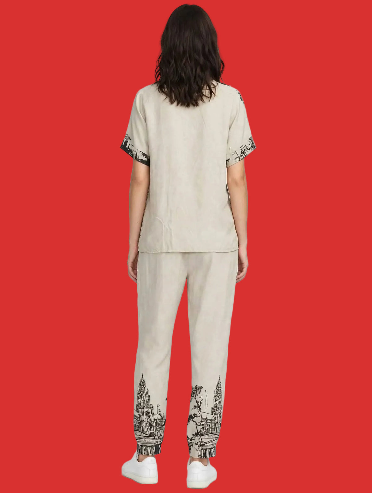 Ladies Beige & Black Cityscape Printed Side Slit Co-Ord Set – Short Sleeve Top & Elastic Waist Pant