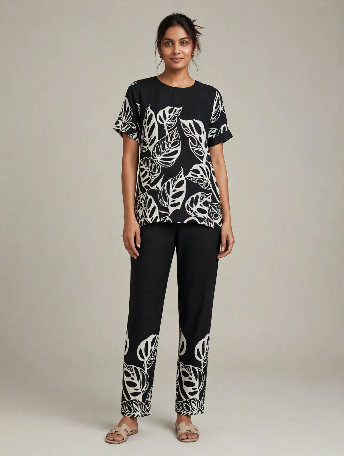Ladies Black & Cream Leaf Printed Side Slit Co-Ord Set – Short Sleeve Top & Elastic Waist Pant