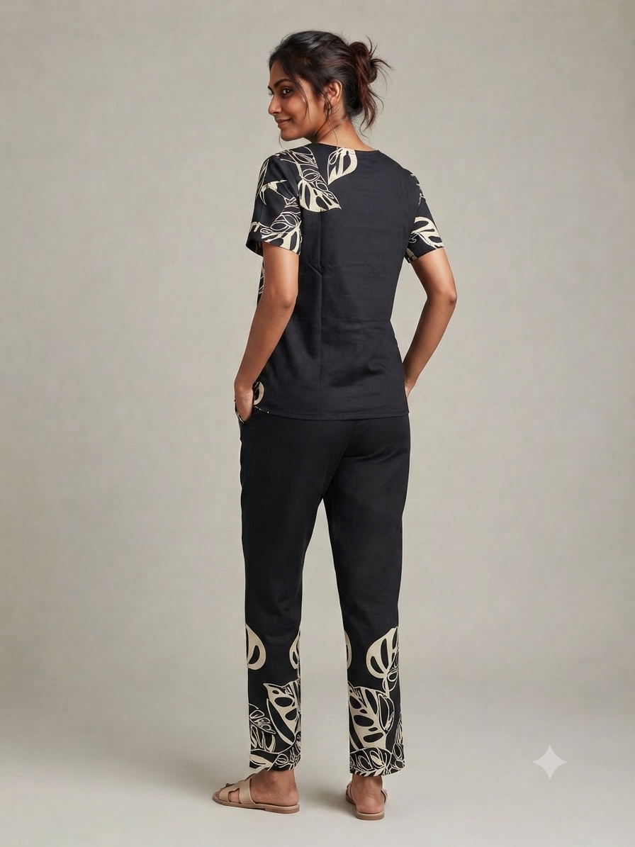 Ladies Black & Cream Leaf Printed Side Slit Co-Ord Set – Short Sleeve Top & Elastic Waist Pant