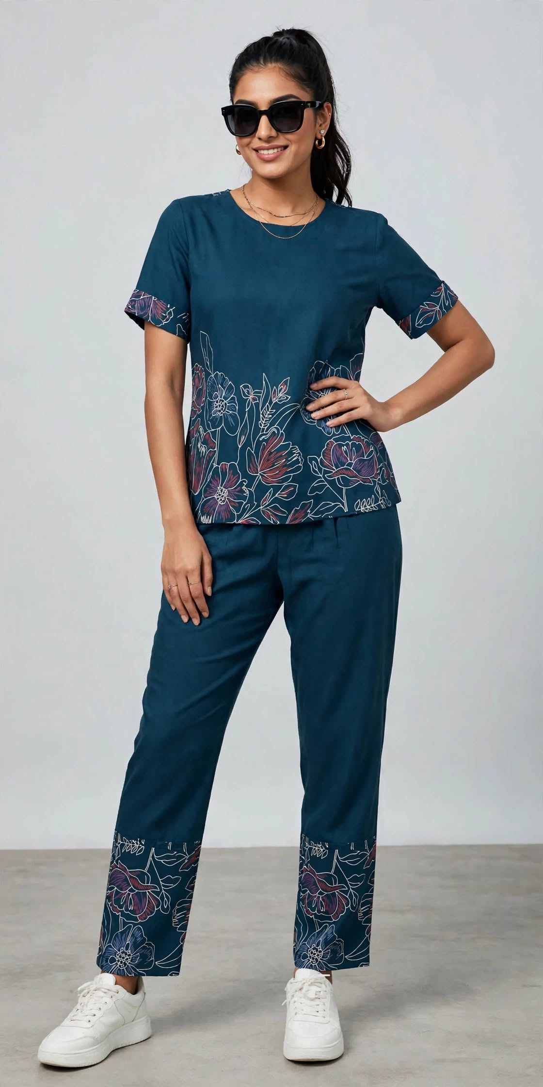Ladies Dark Teal Blue Floral Printed Side Slit Co-Ord Set – Round Neck Top & Elastic Waist Pant