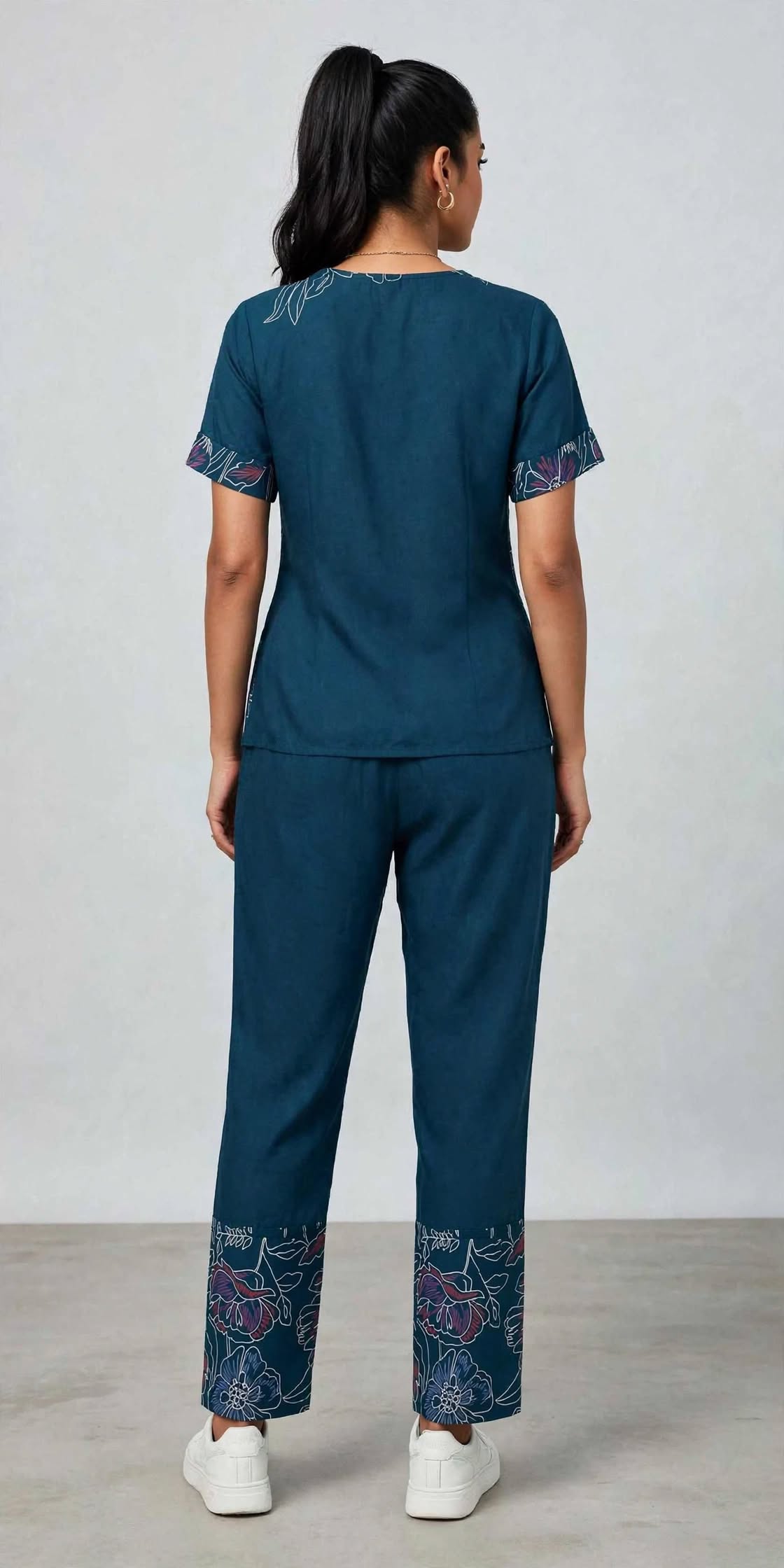 Ladies Dark Teal Blue Floral Printed Side Slit Co-Ord Set – Round Neck Top & Elastic Waist Pant