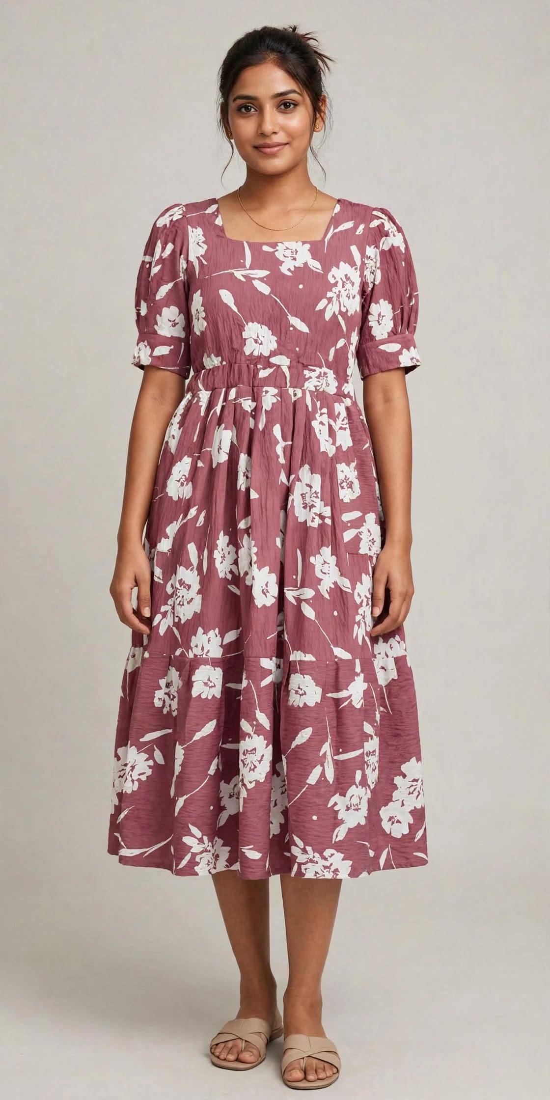 Ladies Dusty Rose Floral Printed Square Neck Puff Sleeve 2-Step Long Frock with Elastic Waist & Two Side Pockets