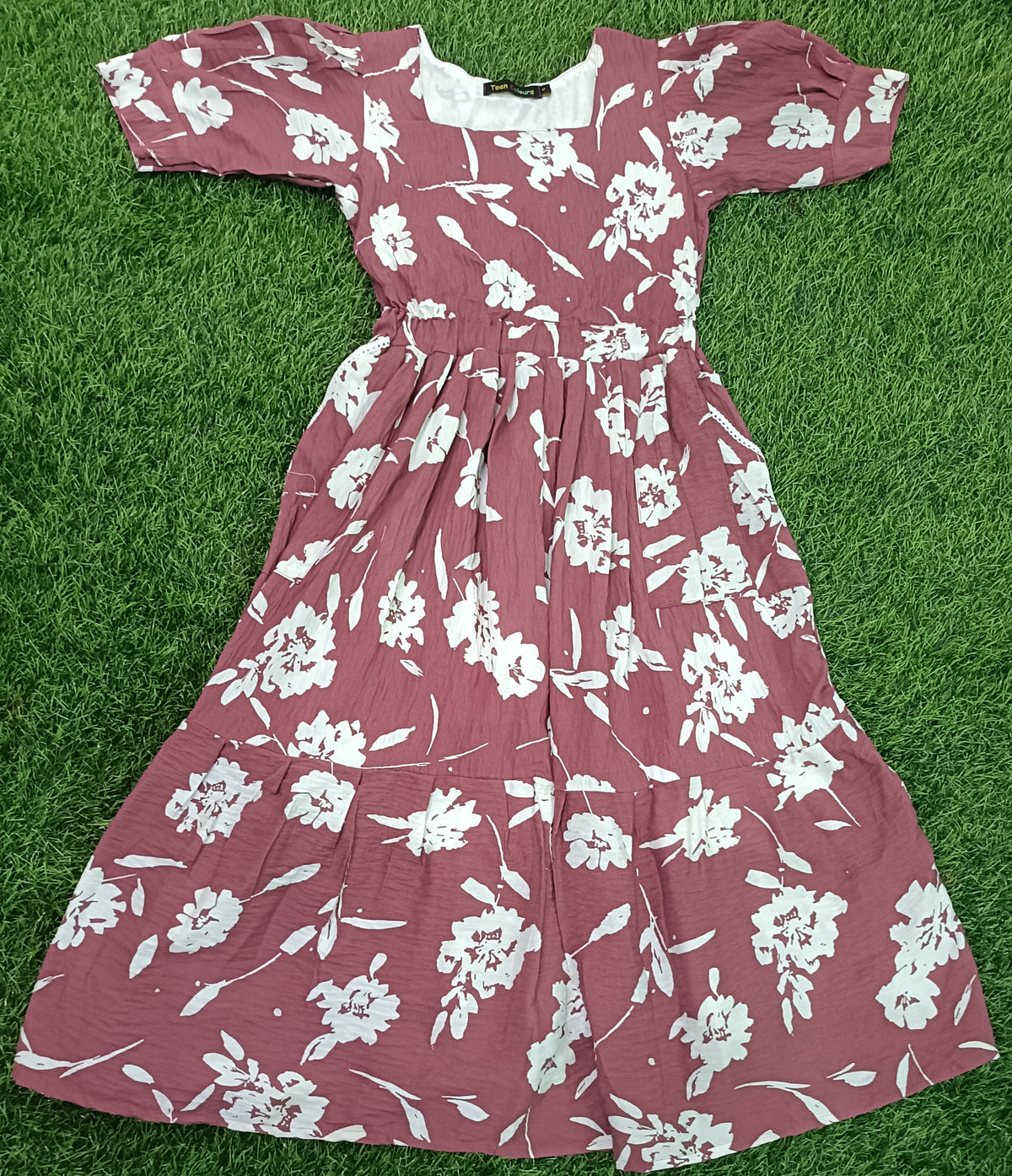 Ladies Dusty Rose Floral Printed Square Neck Puff Sleeve 2-Step Long Frock with Elastic Waist & Two Side Pockets