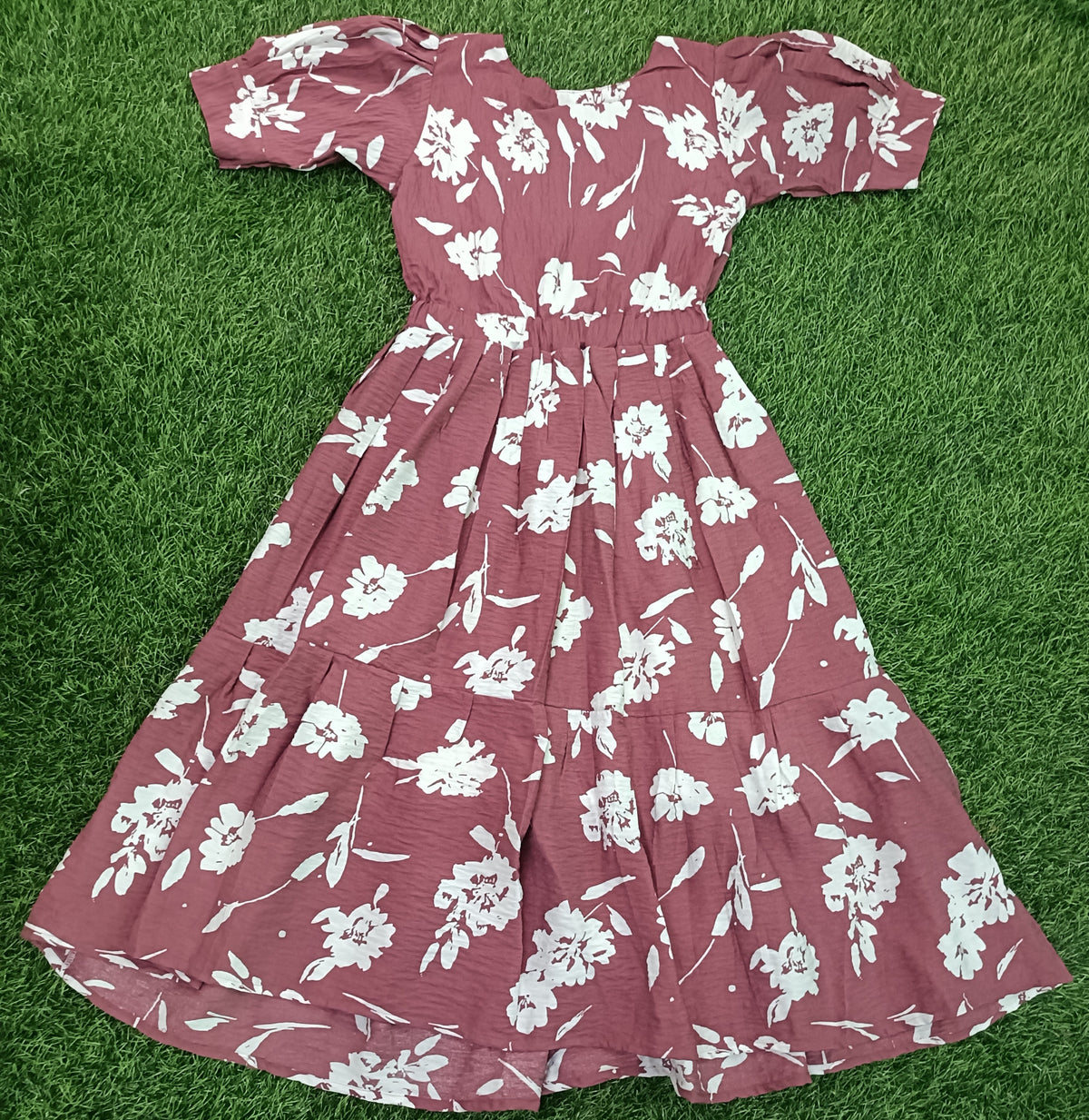 Ladies Dusty Rose Floral Printed Square Neck Puff Sleeve 2-Step Long Frock with Elastic Waist & Two Side Pockets