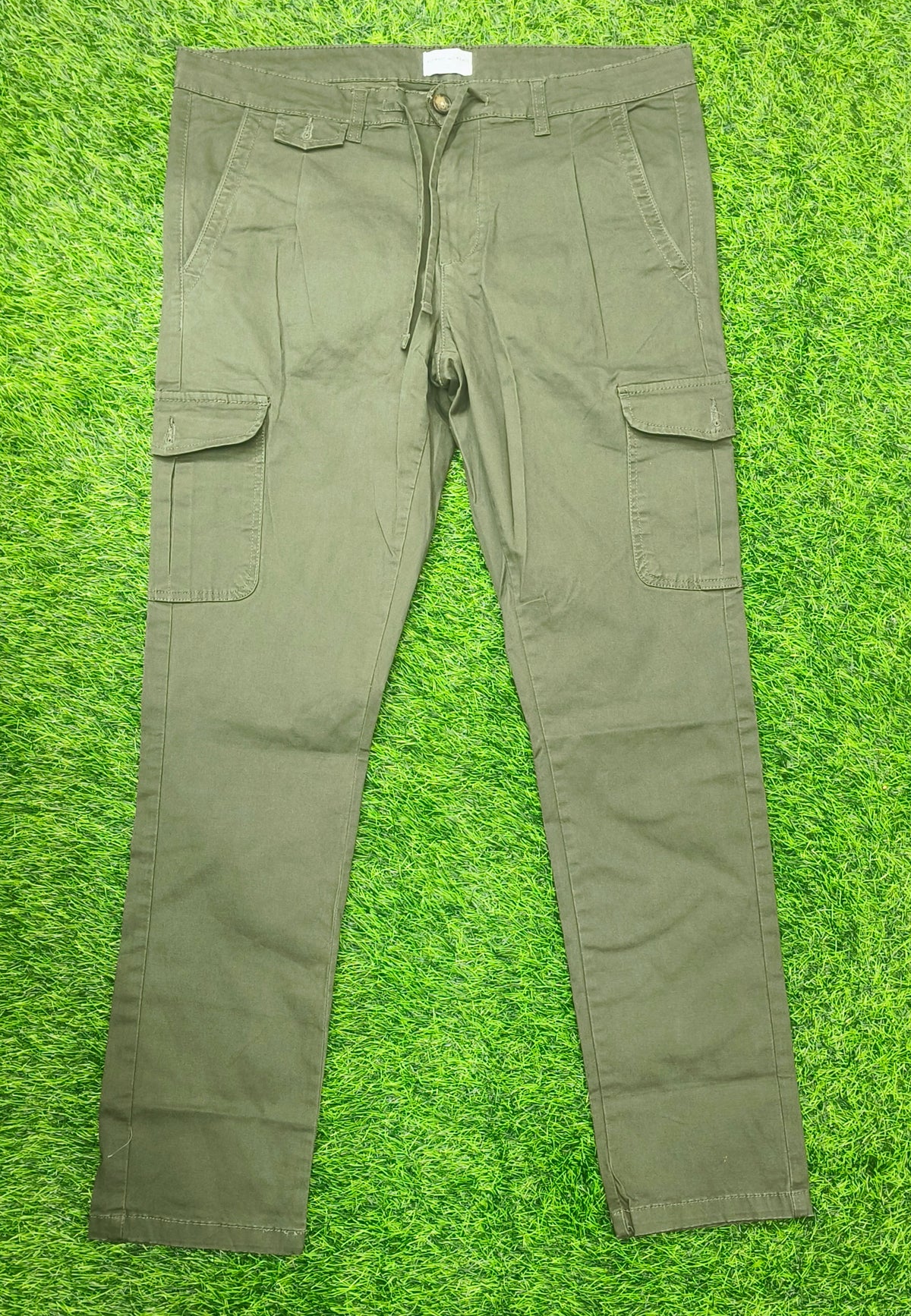 Mens  Olive green color 6 Pocket Slim Fit Cargo Pants with Drawstring Waist Button Closure Side Cargo Pockets