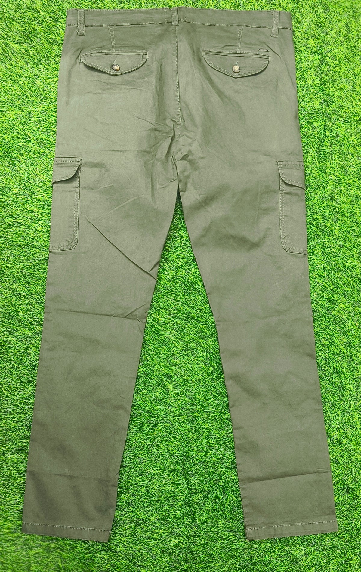 Mens  Olive green color 6 Pocket Slim Fit Cargo Pants with Drawstring Waist Button Closure Side Cargo Pockets