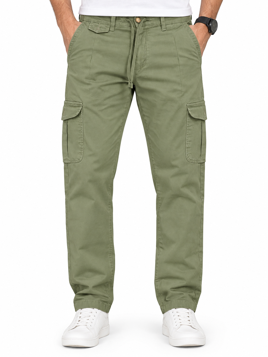 Mens  Olive green color 6 Pocket Slim Fit Cargo Pants with Drawstring Waist Button Closure Side Cargo Pockets