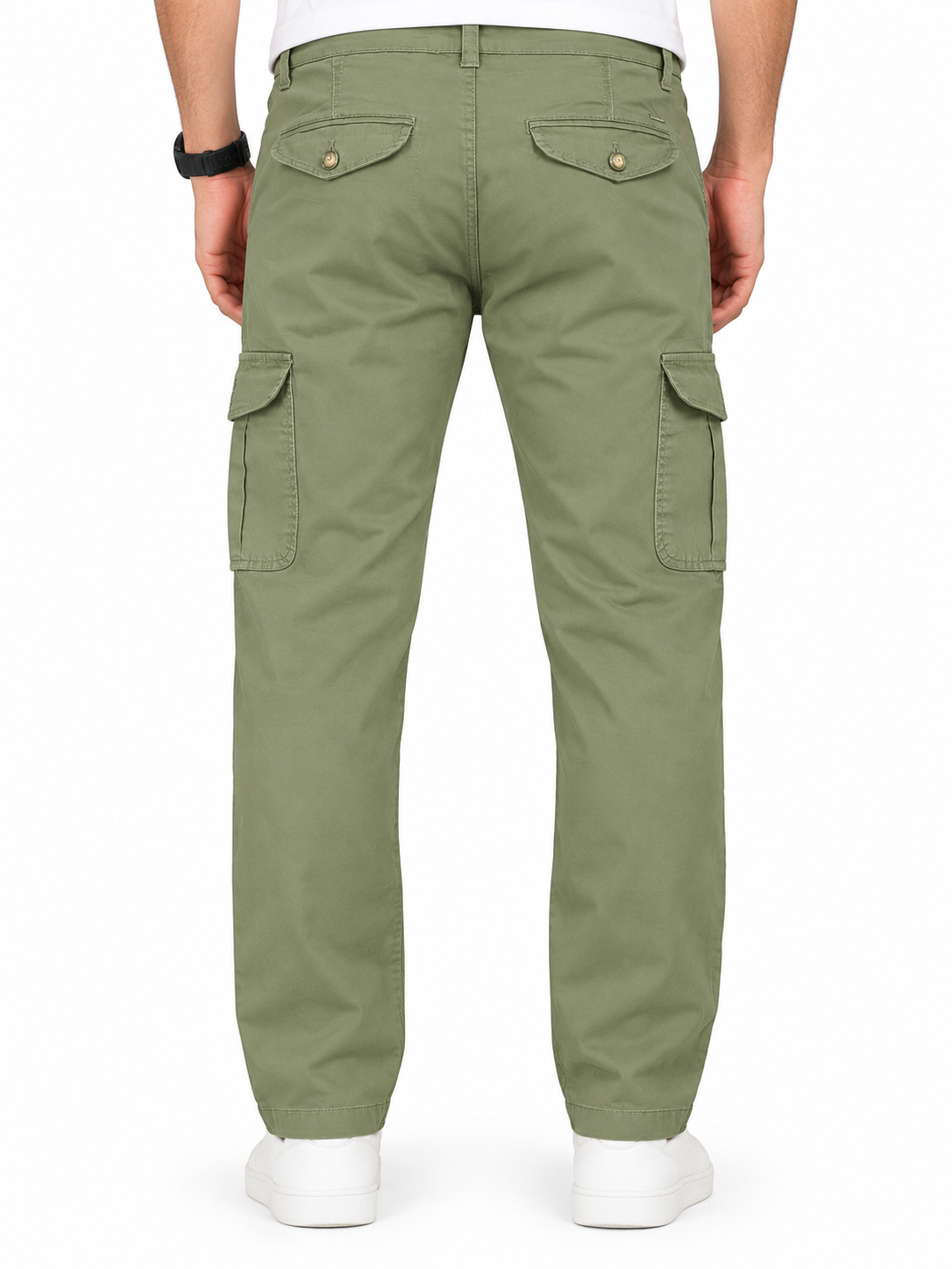 Mens  Olive green color 6 Pocket Slim Fit Cargo Pants with Drawstring Waist Button Closure Side Cargo Pockets