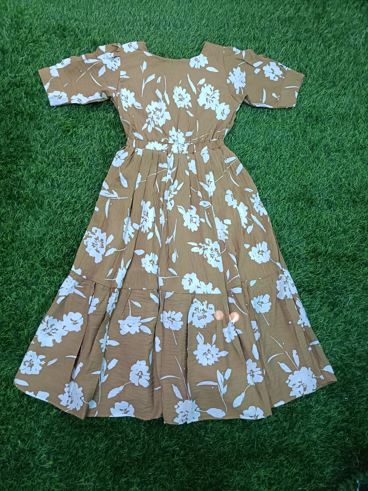 Ladies Camel Brown Floral Printed Square Neck Puff Sleeve 2-Step Long Frock with Elastic Waist & Two Side Pockets
