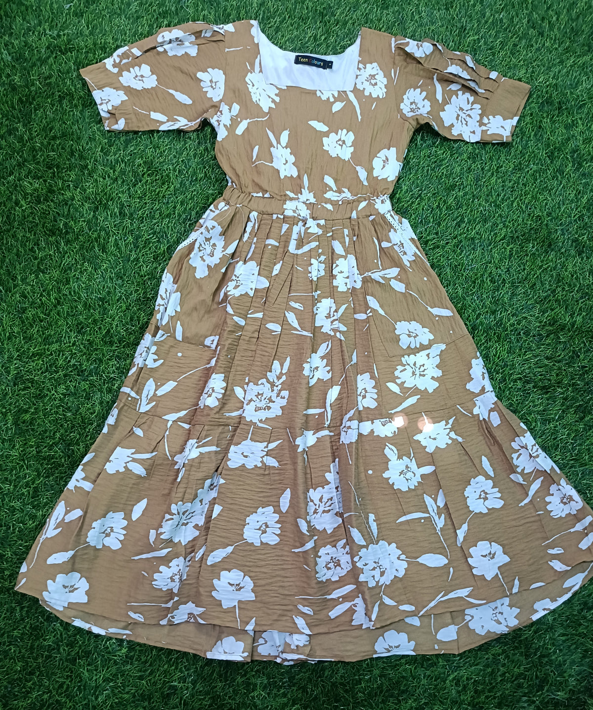 Ladies Camel Brown Floral Printed Square Neck Puff Sleeve 2-Step Long Frock with Elastic Waist & Two Side Pockets