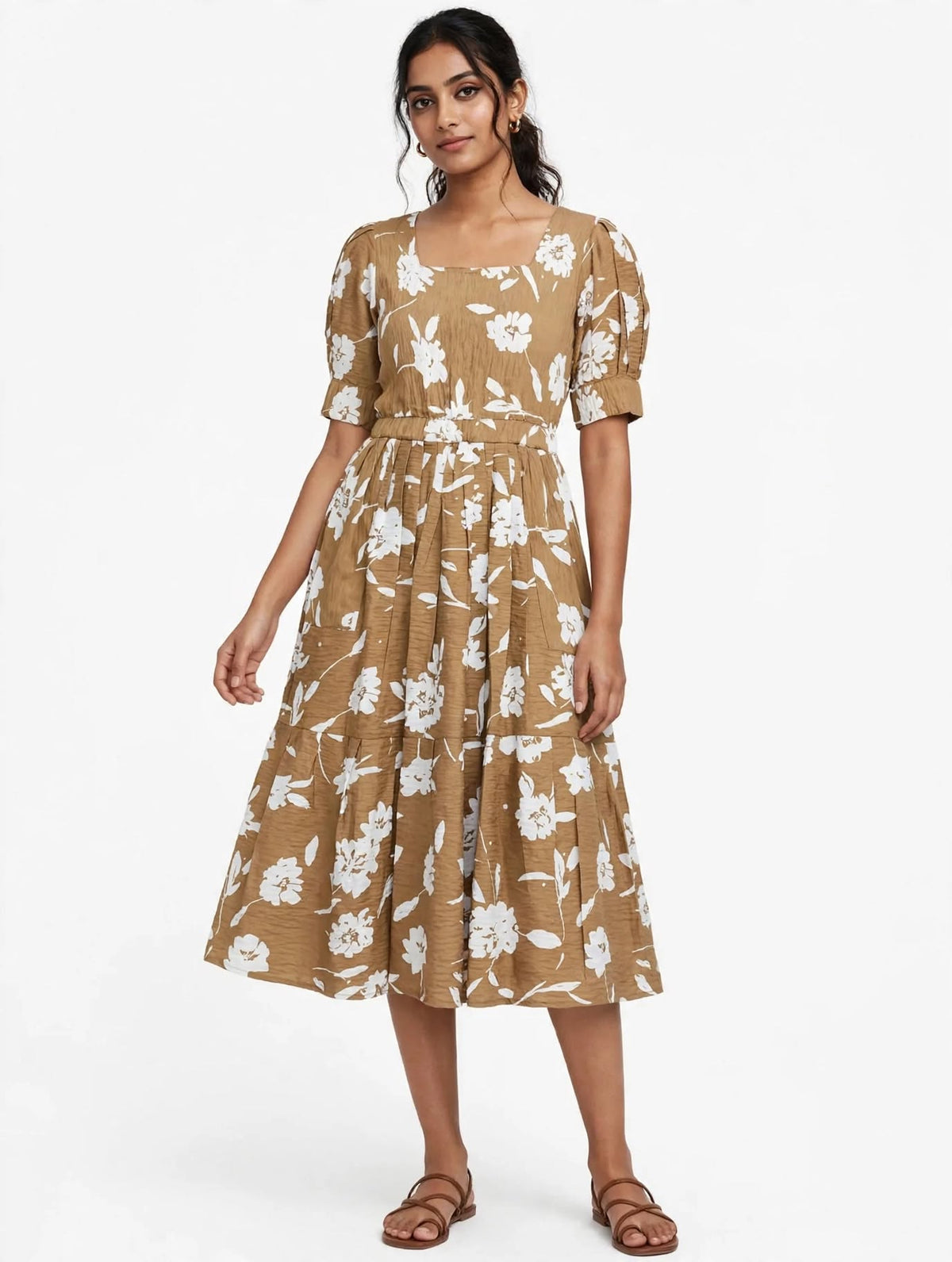 Ladies Camel Brown Floral Printed Square Neck Puff Sleeve 2-Step Long Frock with Elastic Waist & Two Side Pockets
