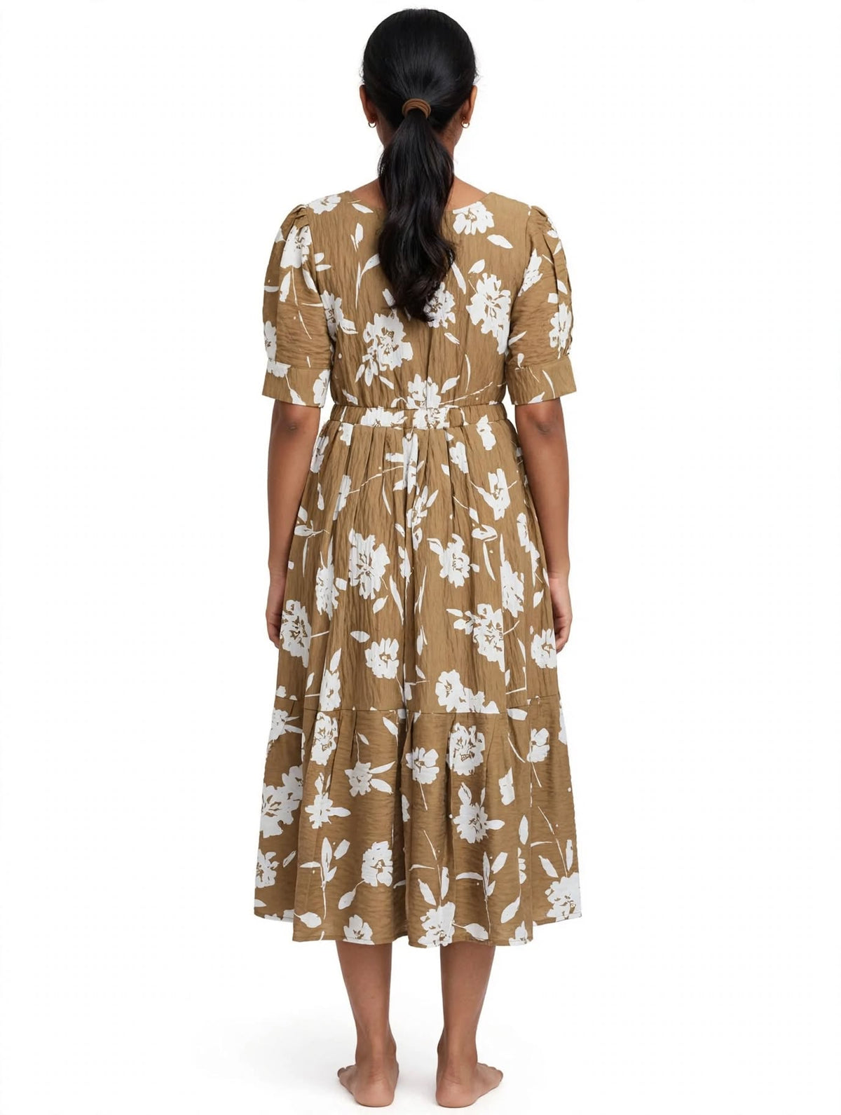 Ladies Camel Brown Floral Printed Square Neck Puff Sleeve 2-Step Long Frock with Elastic Waist & Two Side Pockets