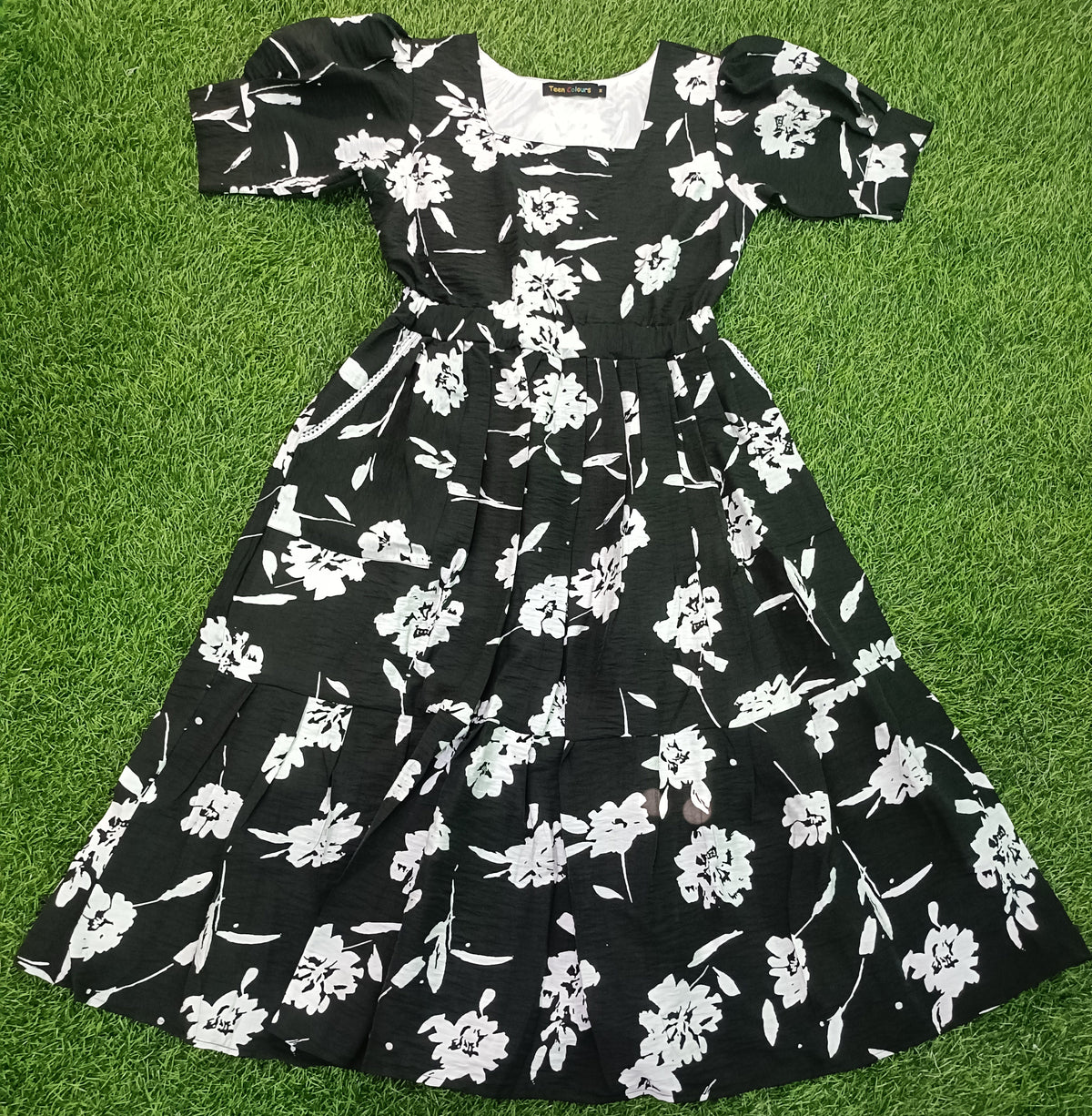 Ladies Black Floral Printed Square Neck Puff Sleeve 2-Step Long Frock with Elastic Waist & Two Side Pockets