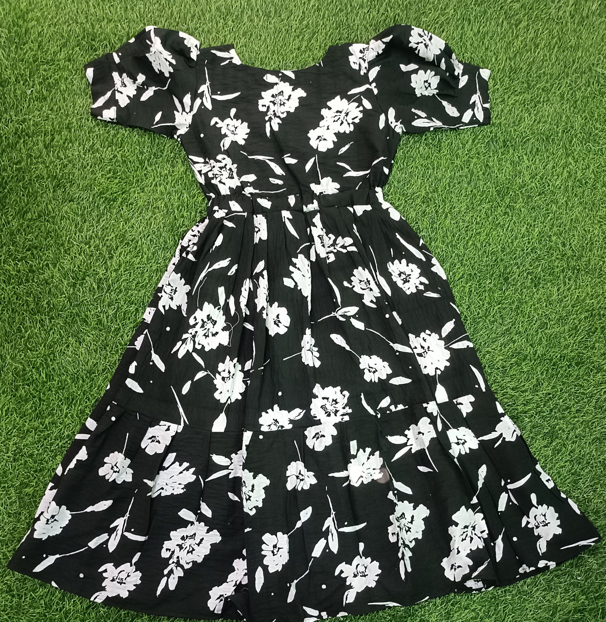 Ladies Black Floral Printed Square Neck Puff Sleeve 2-Step Long Frock with Elastic Waist & Two Side Pockets