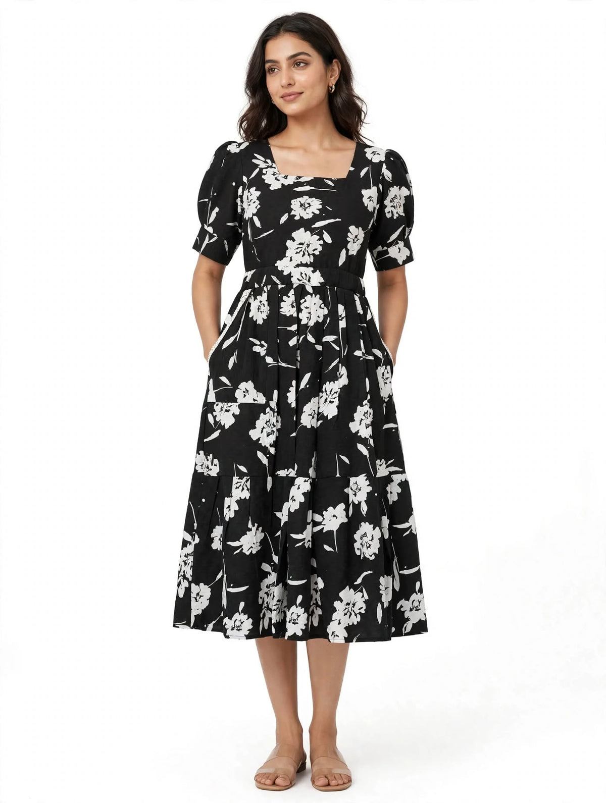 Ladies Black Floral Printed Square Neck Puff Sleeve 2-Step Long Frock with Elastic Waist & Two Side Pockets