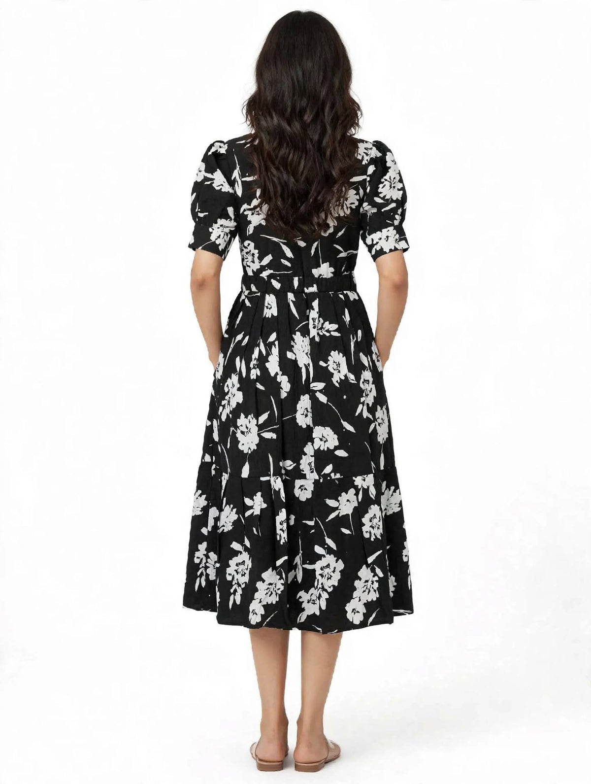 Ladies Black Floral Printed Square Neck Puff Sleeve 2-Step Long Frock with Elastic Waist & Two Side Pockets