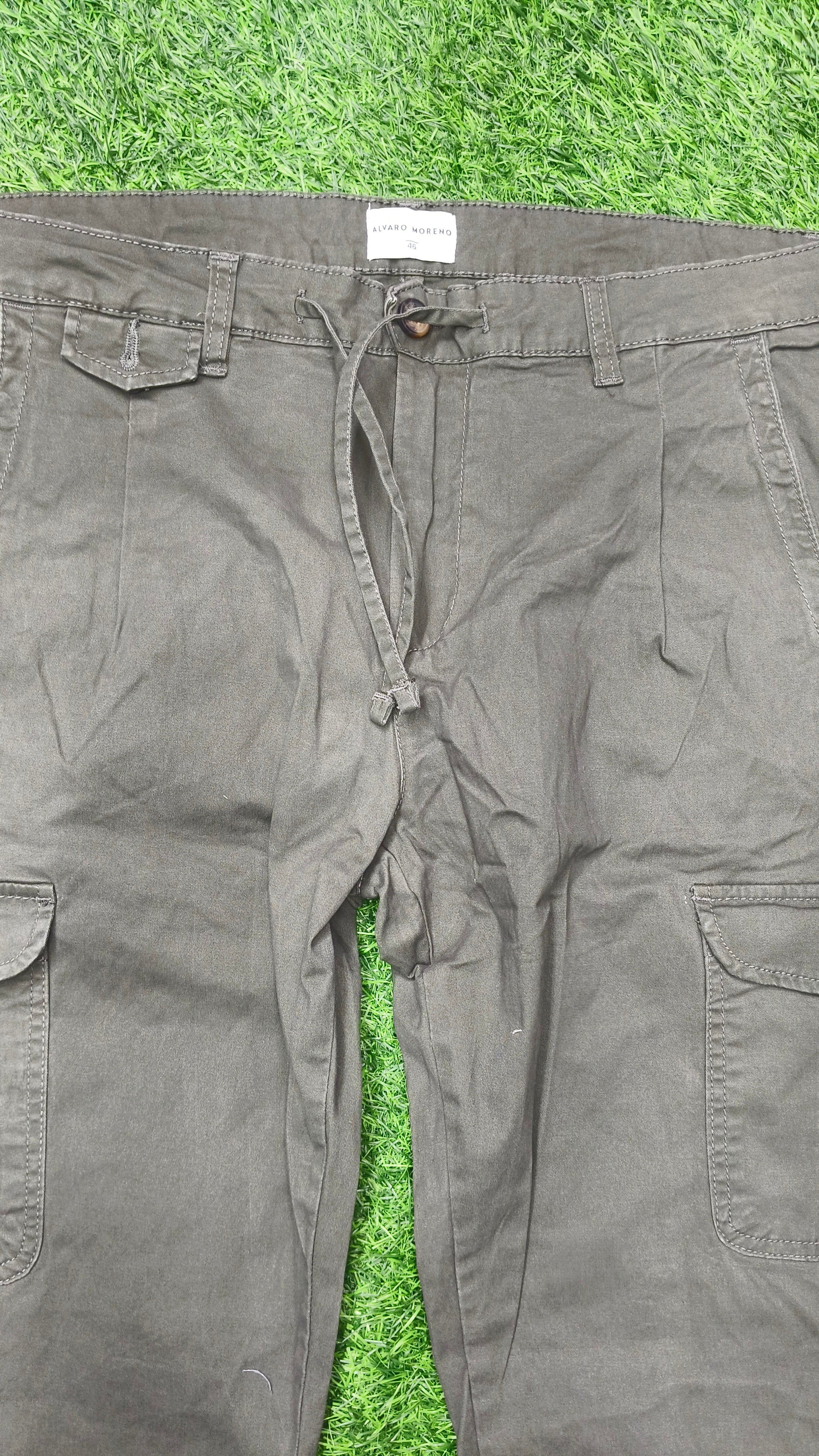 Mens  Olive green color 6 Pocket Slim Fit Cargo Pants with Drawstring Waist Button Closure Side Cargo Pockets