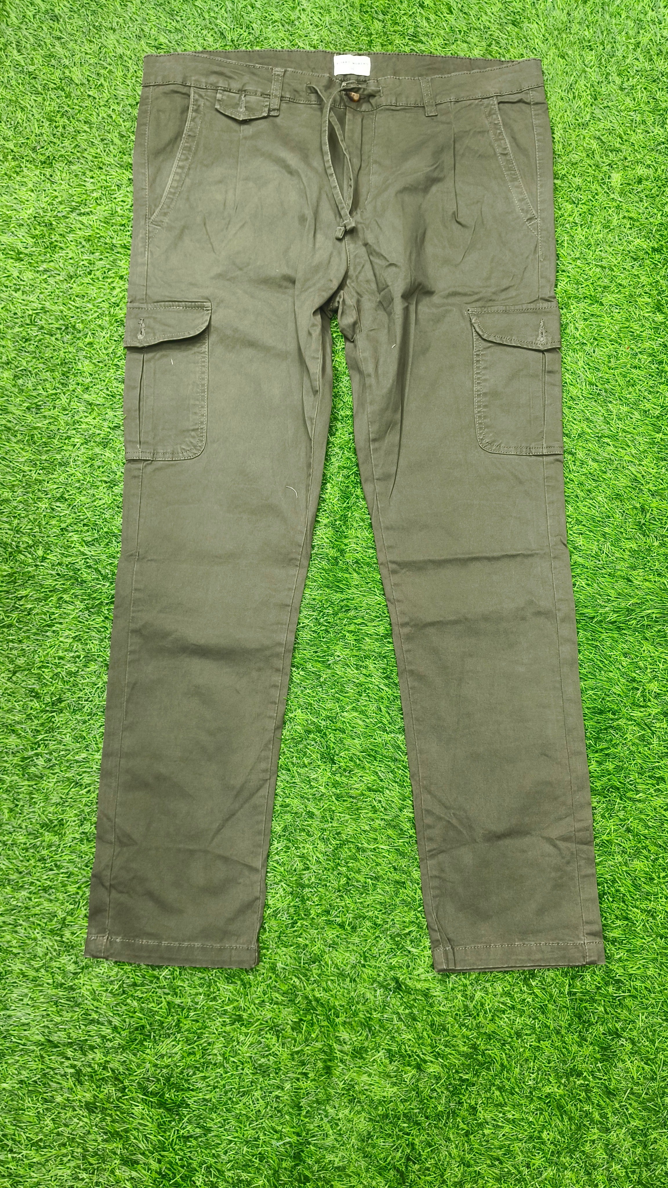 Mens  Olive green color 6 Pocket Slim Fit Cargo Pants with Drawstring Waist Button Closure Side Cargo Pockets