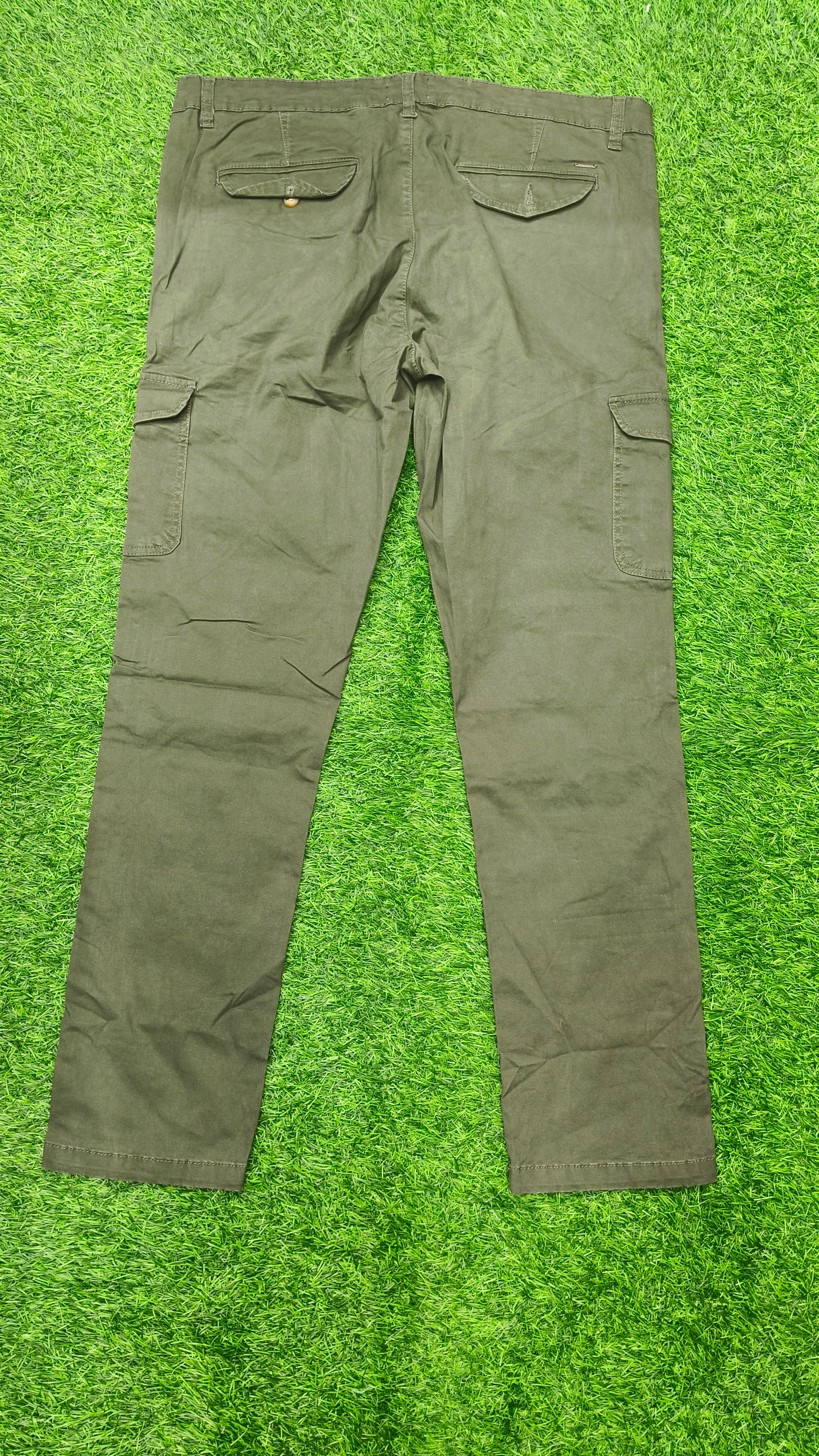 Mens  Olive green color 6 Pocket Slim Fit Cargo Pants with Drawstring Waist Button Closure Side Cargo Pockets