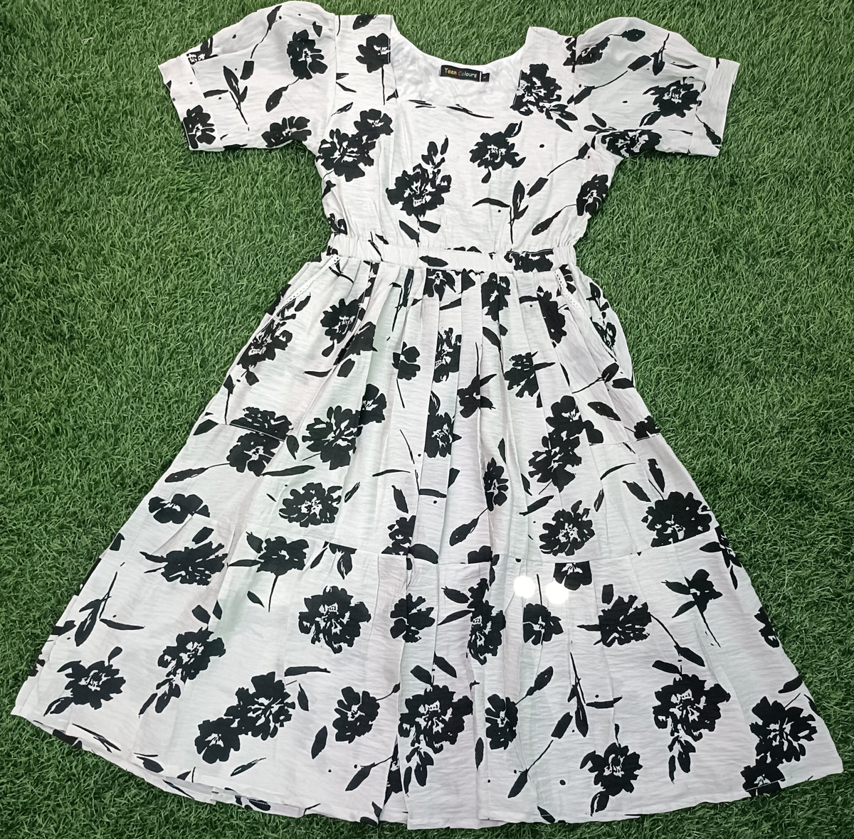 Ladies Off-White Black Floral Printed Square Neck Puff Sleeve 2-Step Long Frock with Elastic Waist & Two Side Pockets