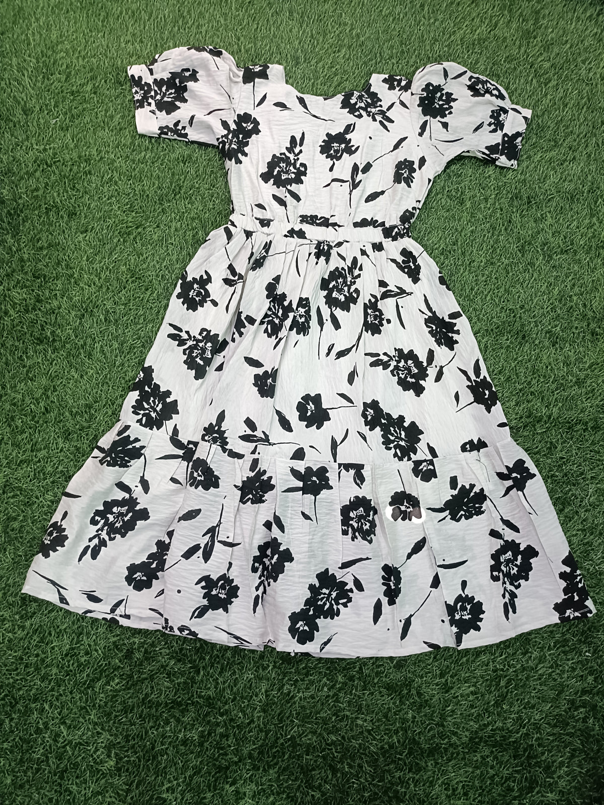 Ladies Off-White Black Floral Printed Square Neck Puff Sleeve 2-Step Long Frock with Elastic Waist & Two Side Pockets