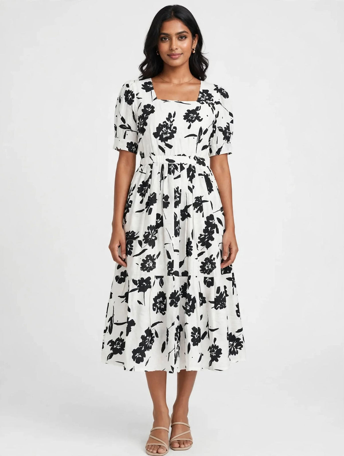 Ladies Off-White Black Floral Printed Square Neck Puff Sleeve 2-Step Long Frock with Elastic Waist & Two Side Pockets