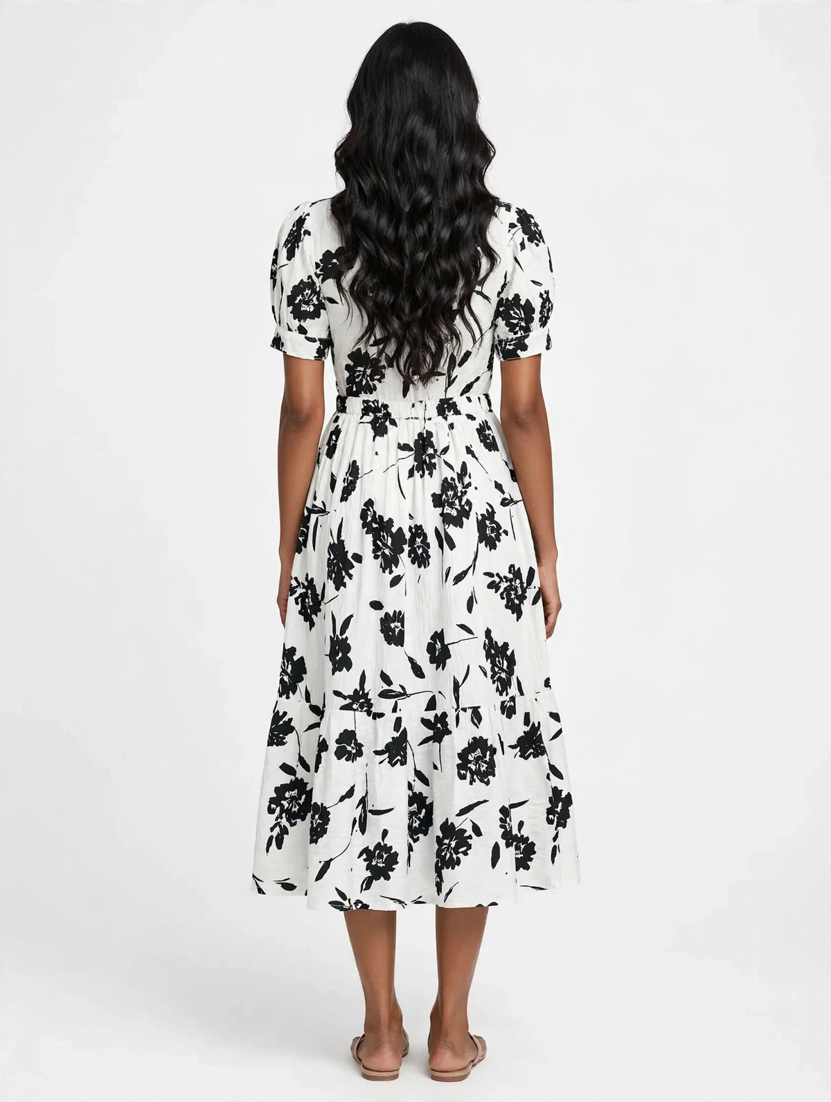 Ladies Off-White Black Floral Printed Square Neck Puff Sleeve 2-Step Long Frock with Elastic Waist & Two Side Pockets
