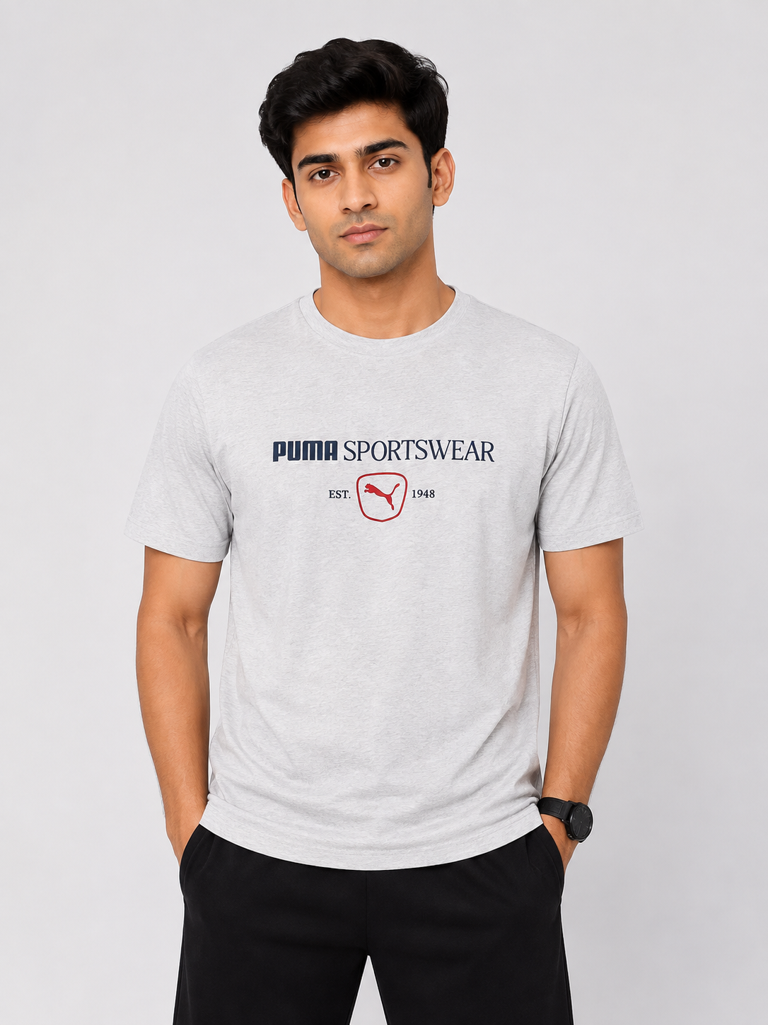 PUMA Men’s Ash Grey Cotton Blend Round Neck Sports T-Shirt