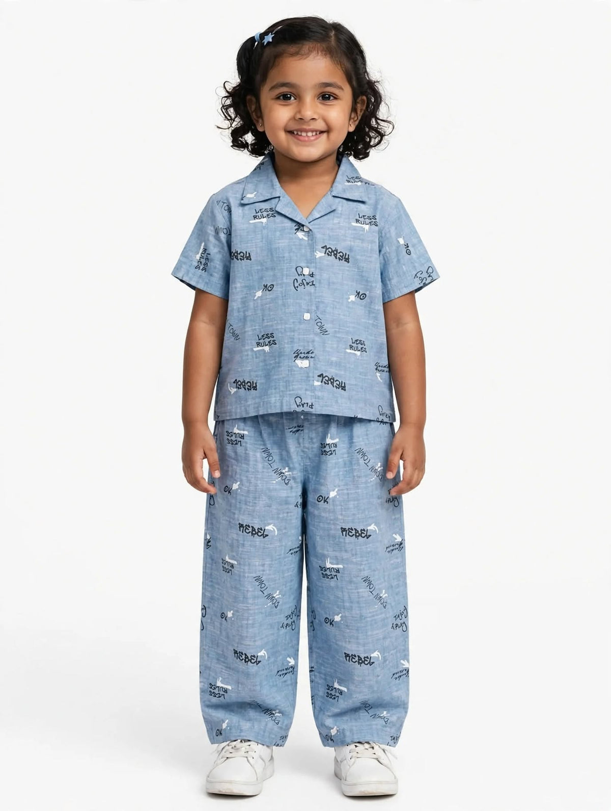 Kids Blue color Letters Printed Cuban Collared Half Sleeve Button-Down Baggy Shirt & Elastic Waist Pant Co-ord Set