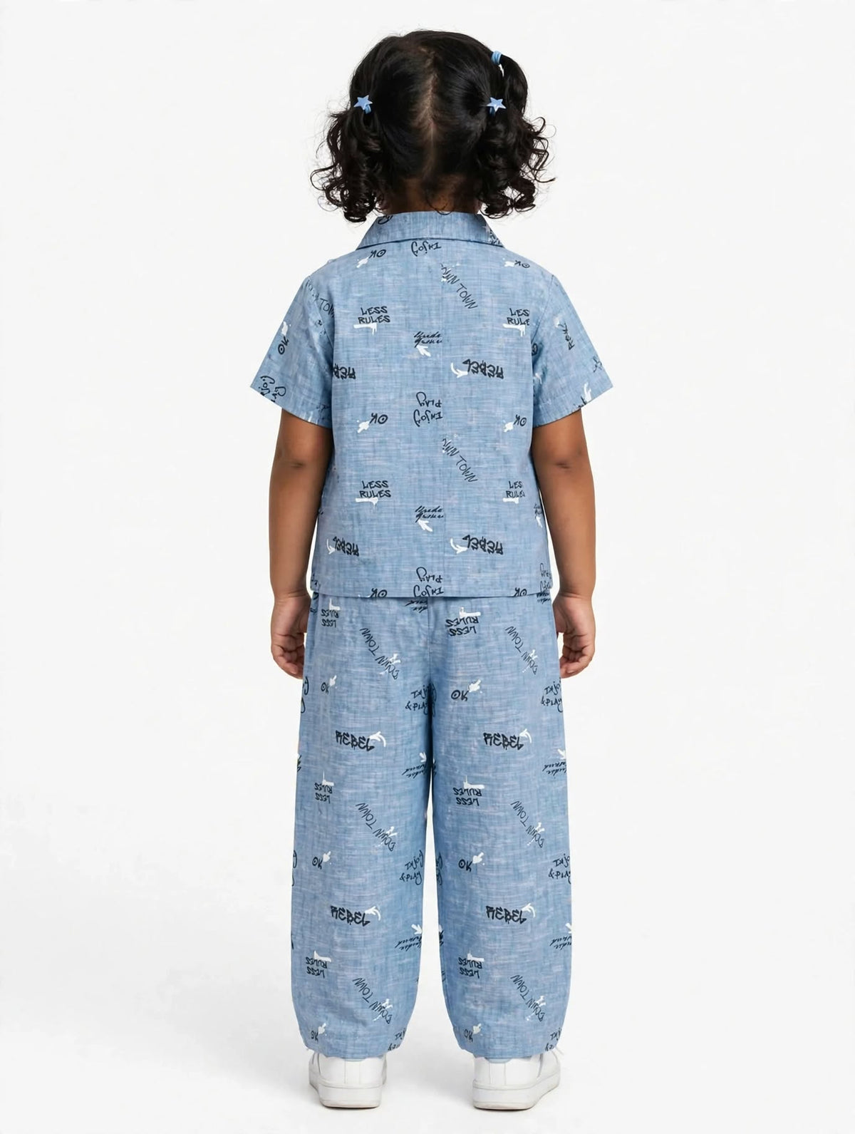 Kids Blue color Letters Printed Cuban Collared Half Sleeve Button-Down Baggy Shirt & Elastic Waist Pant Co-ord Set