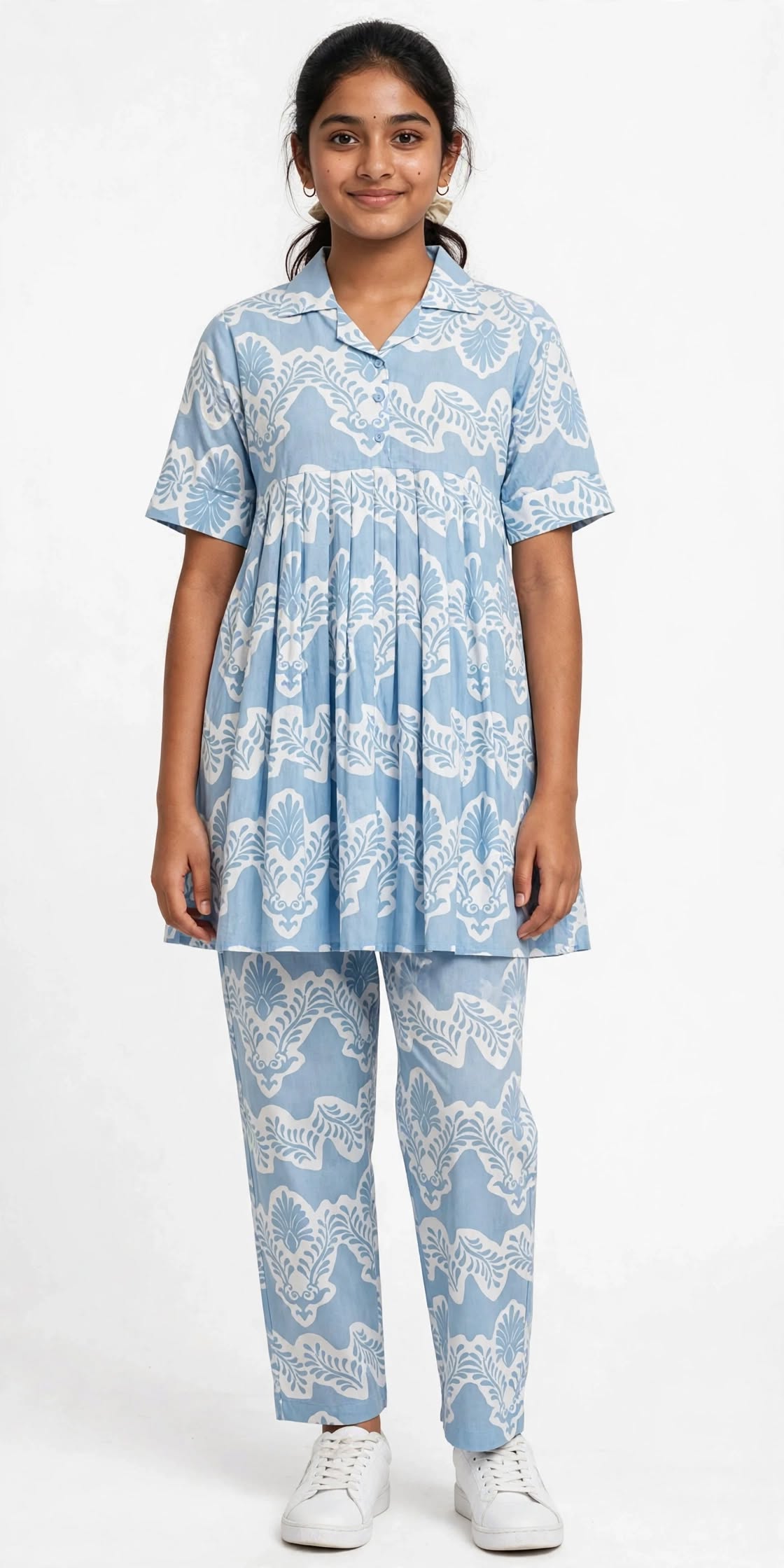 Girls Sky Blue & white Printed  Cuban Collar Half Sleeve Pleated Fit & Flare Western Frock Elastic Waist Pant Co-ord Set