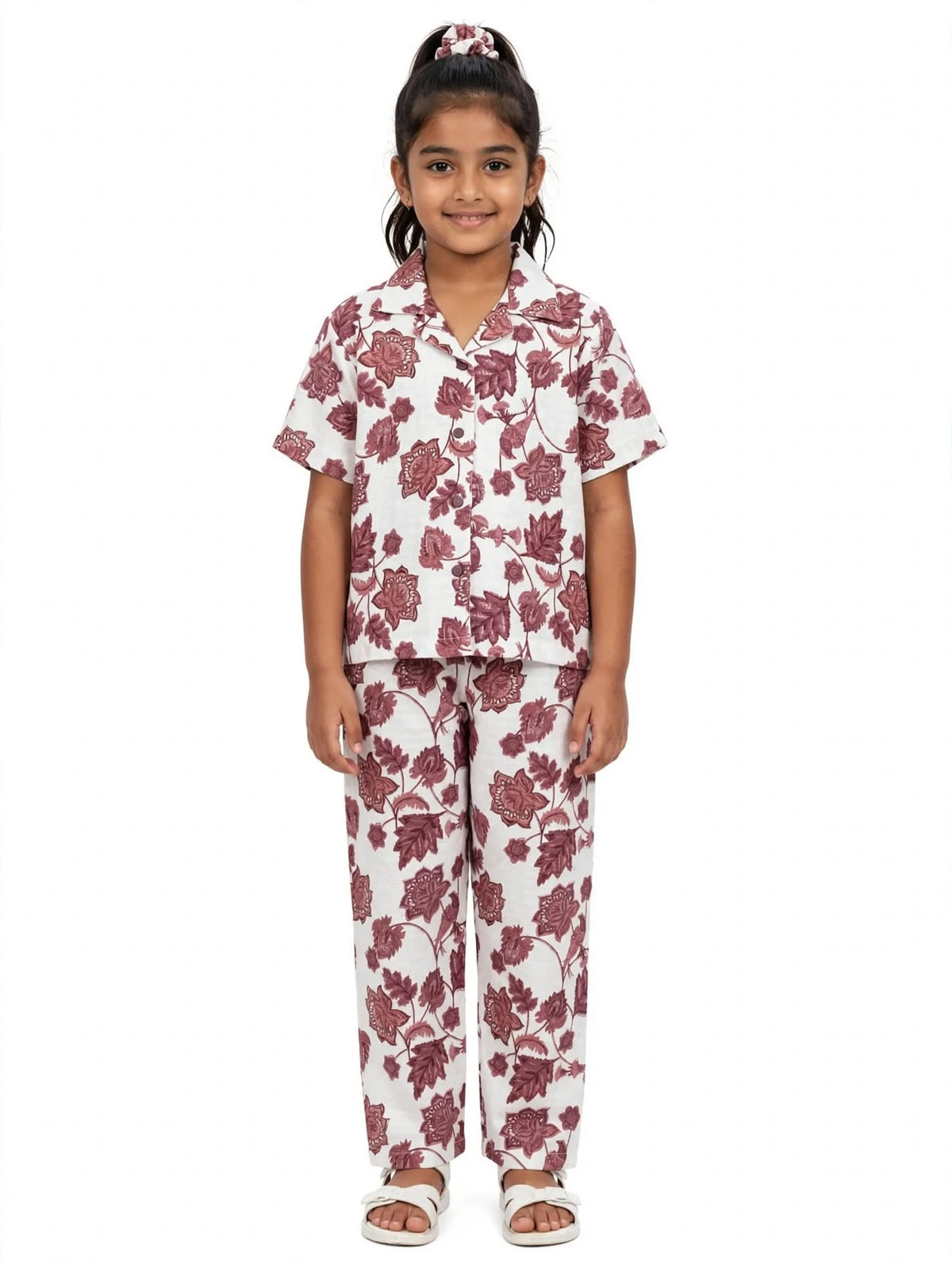 Kids White&Maroon color Printed Cuban Collared Half Sleeve Button-Down Baggy Shirt & Elastic Waist Pant Co-ord Set