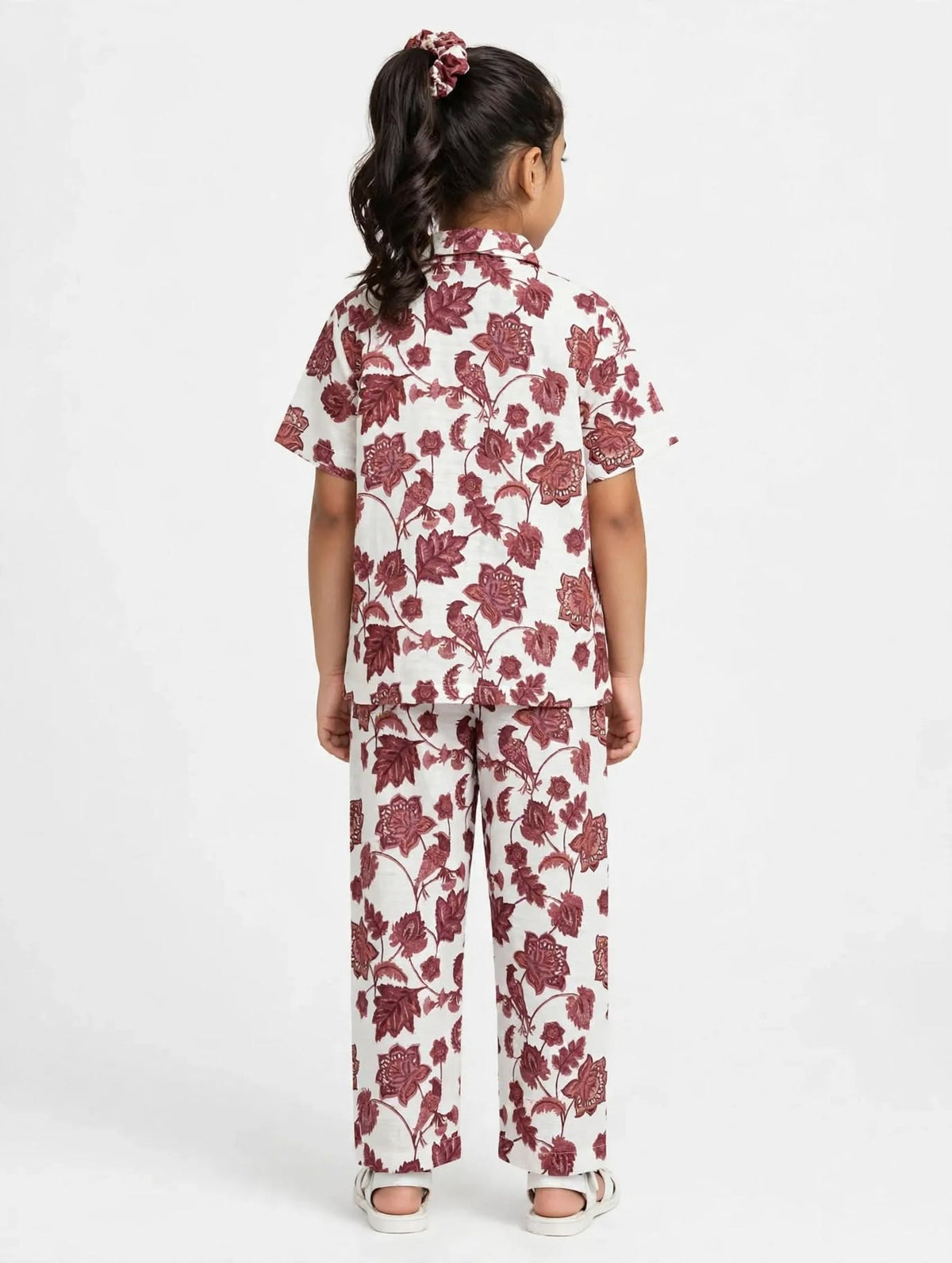 Kids White&Maroon color Printed Cuban Collared Half Sleeve Button-Down Baggy Shirt & Elastic Waist Pant Co-ord Set