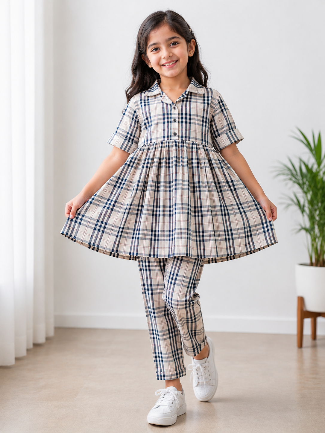 Kids Beige &Navy Blue Striped Cuban Collared Half Sleeve Button-Down Baggy Shirt & Elastic Waist Pant Co-ord Set