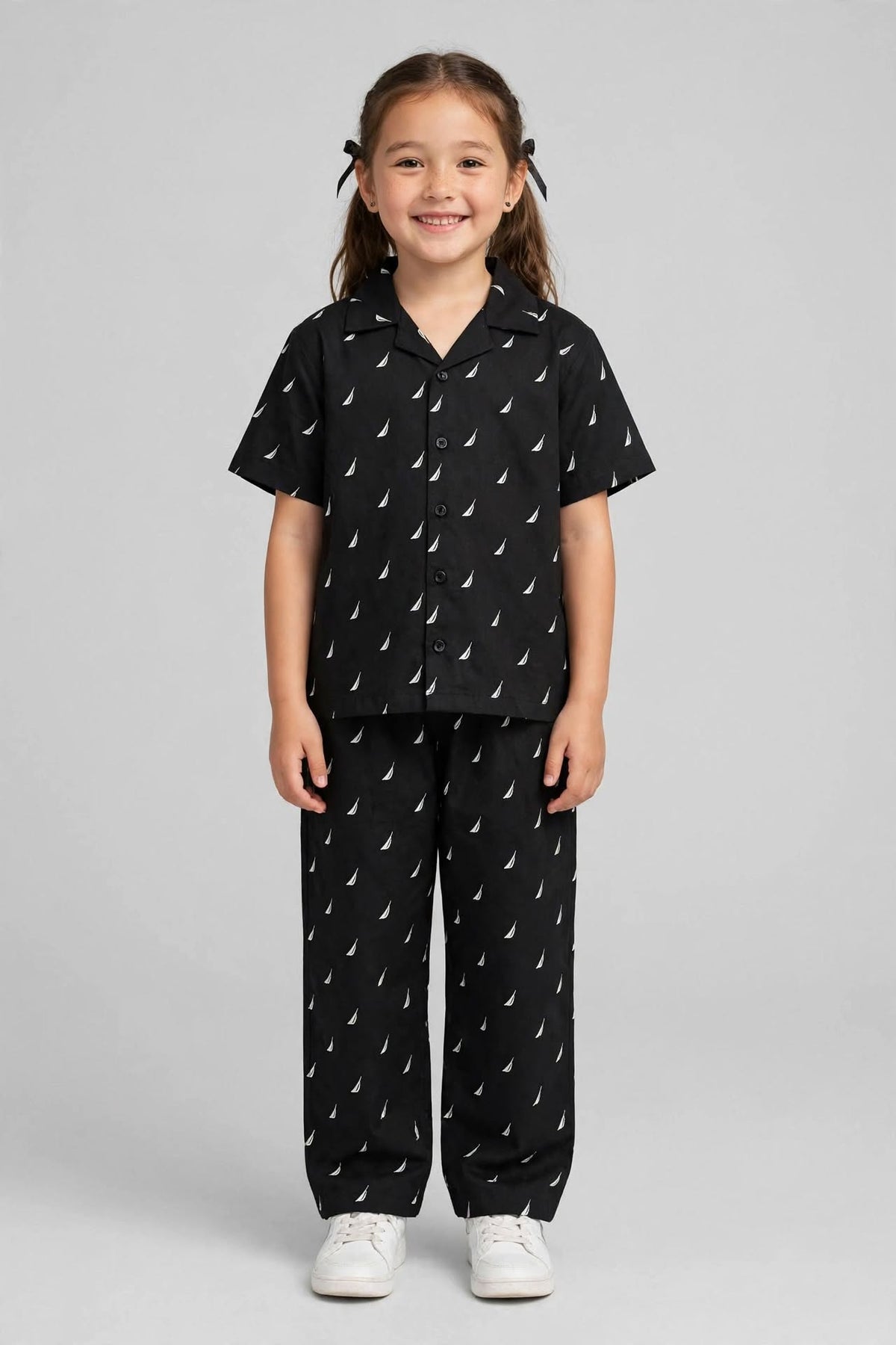 Kids Black & Cream Printed Cuban Collared Half Sleeve Button-Down Baggy Shirt & Elastic Waist Pant Co-ord Set